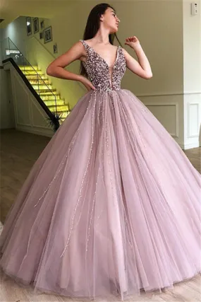 GORGEOUS BALL GOWN TULLE BEADING STRAPS SLEEVELESS PROM DRESS SA131