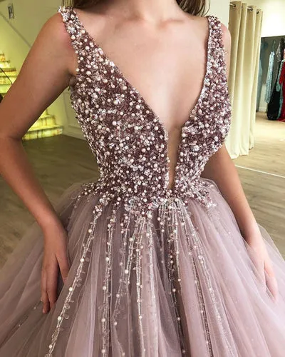 GORGEOUS BALL GOWN TULLE BEADING STRAPS SLEEVELESS PROM DRESS SA131
