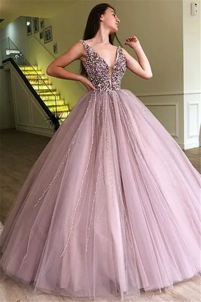 GORGEOUS BALL GOWN TULLE BEADING STRAPS SLEEVELESS PROM DRESS SA131