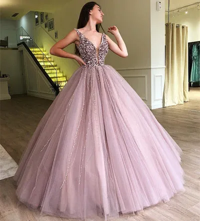 GORGEOUS BALL GOWN TULLE BEADING STRAPS SLEEVELESS PROM DRESS SA131