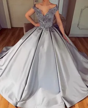 gray prom dresses long satin lace appliqué beaded v neck off the shoulder vintage prom gowns