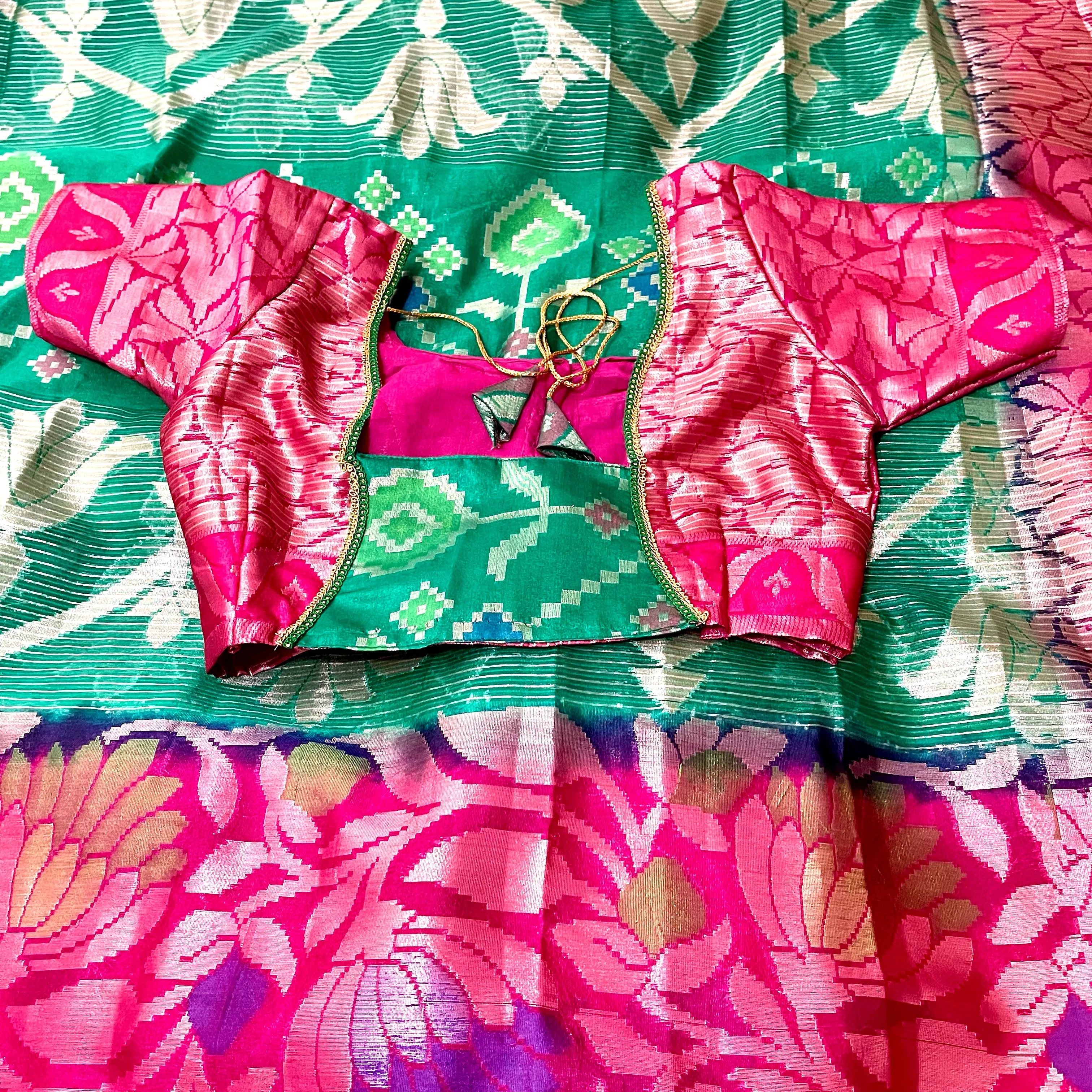 Green with Pink Designer Banarasi organza Saree with stitched blouse