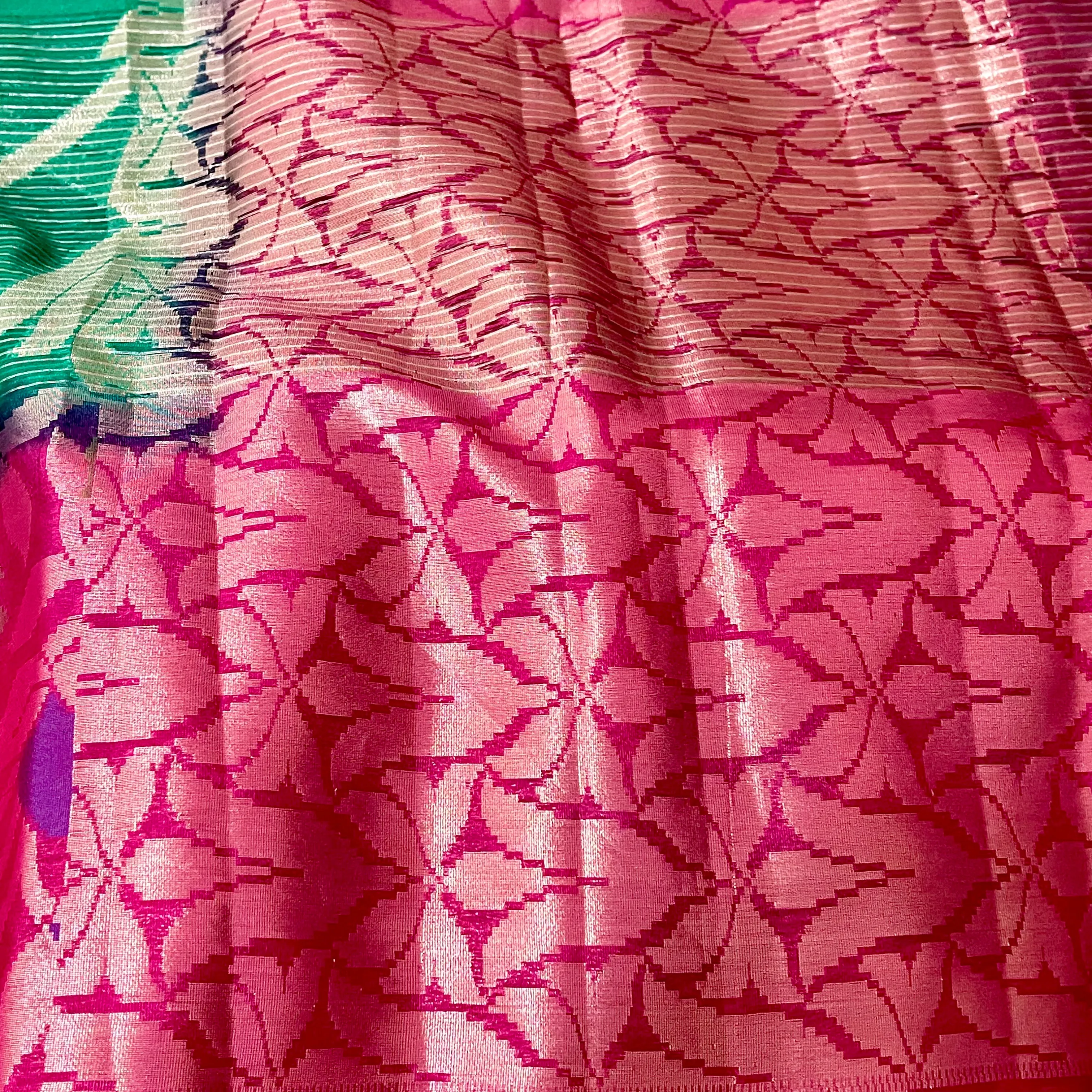 Green with Pink Designer Banarasi organza Saree with stitched blouse