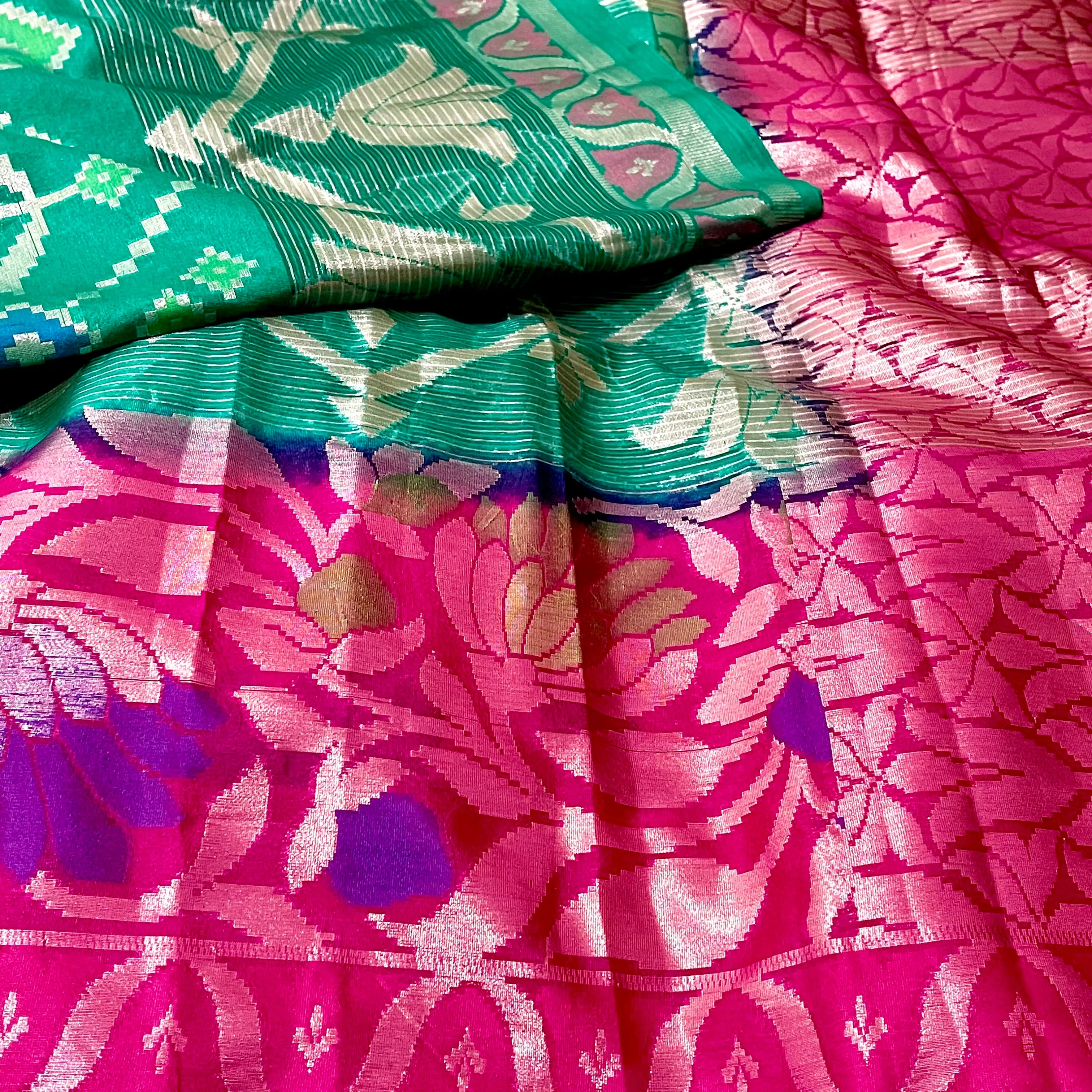 Green with Pink Designer Banarasi organza Saree with stitched blouse