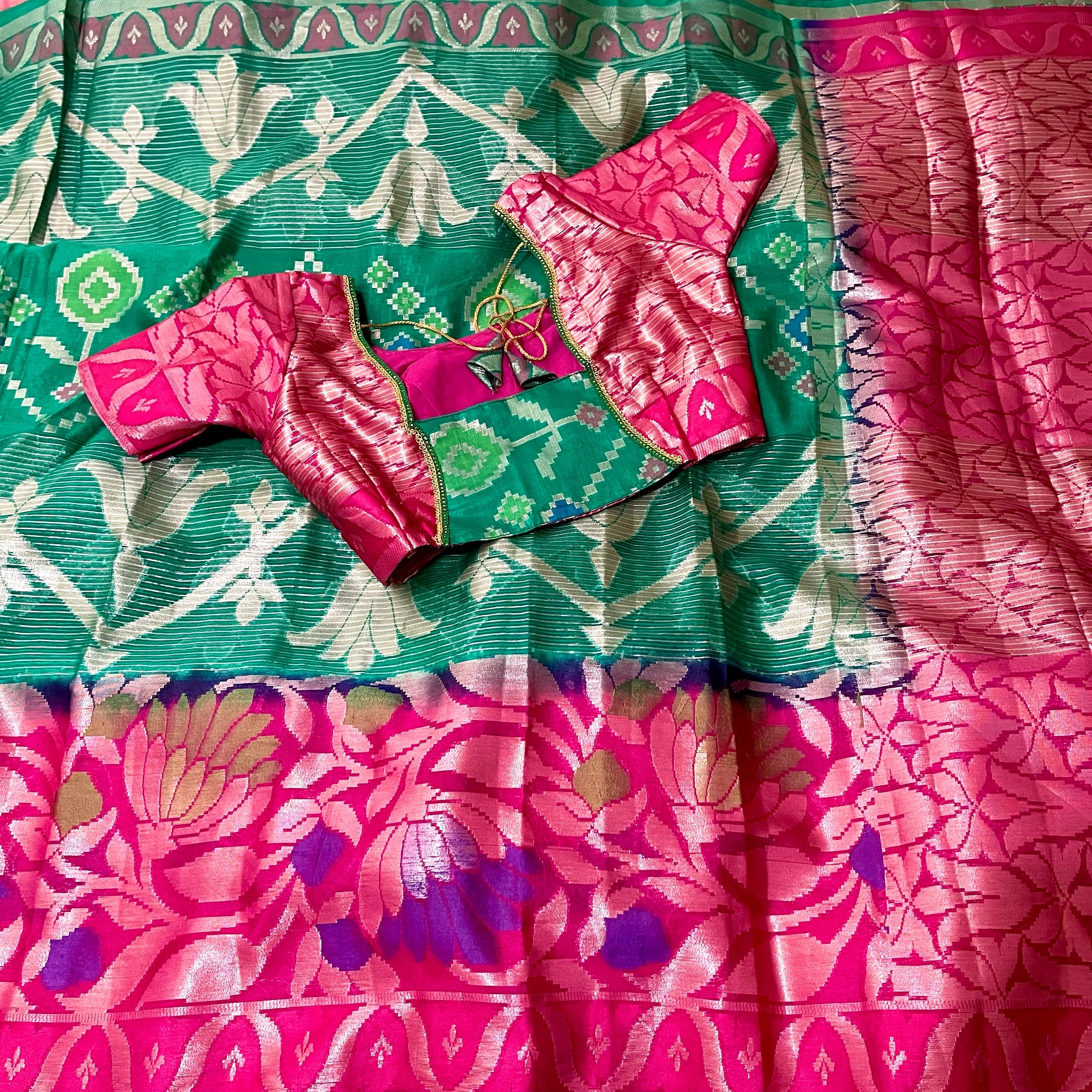 Green with Pink Designer Banarasi organza Saree with stitched blouse
