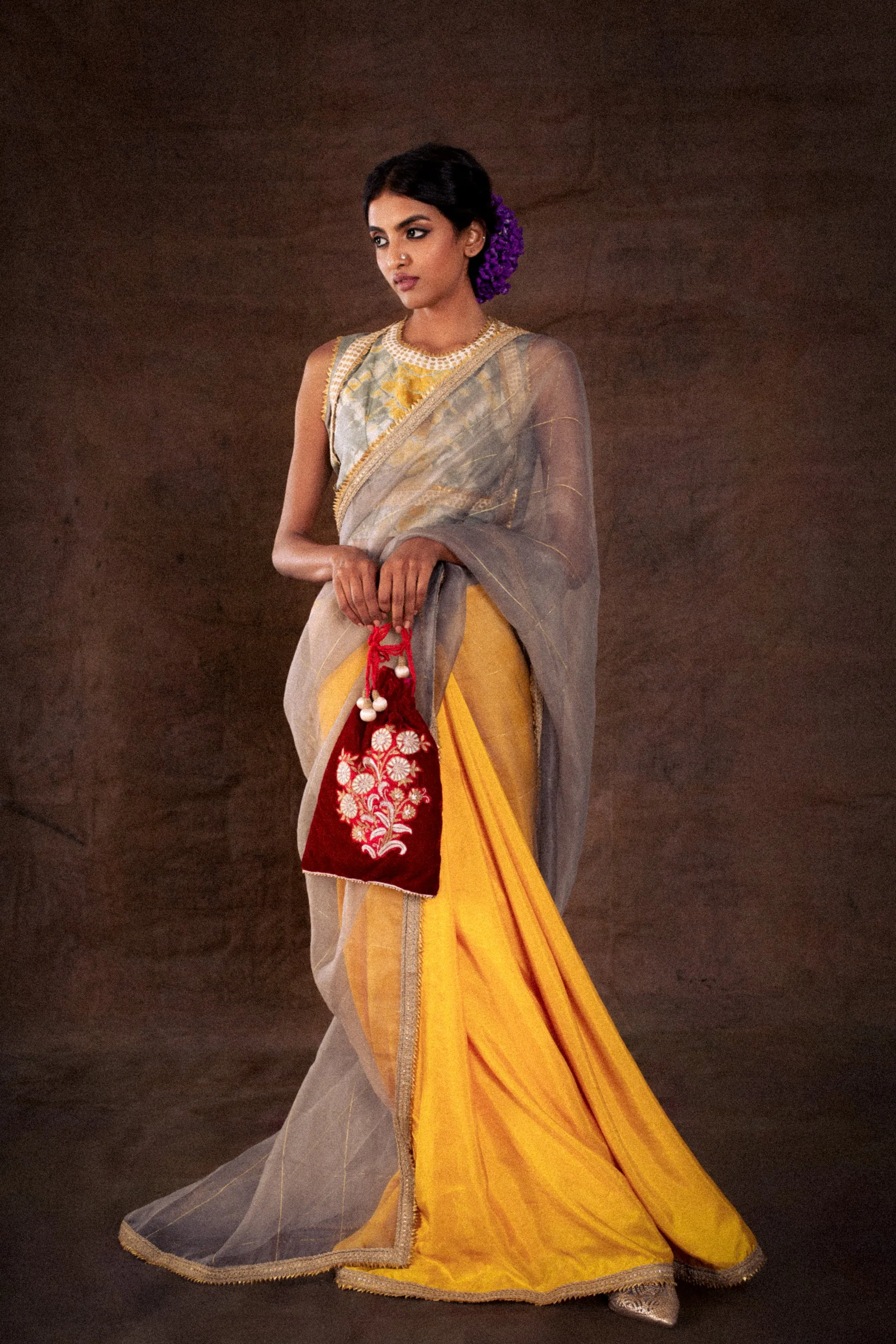 Grey and Yellow Saree