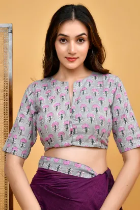 Grey  Cotton Blouse with Lilac Floral Hand Block Print