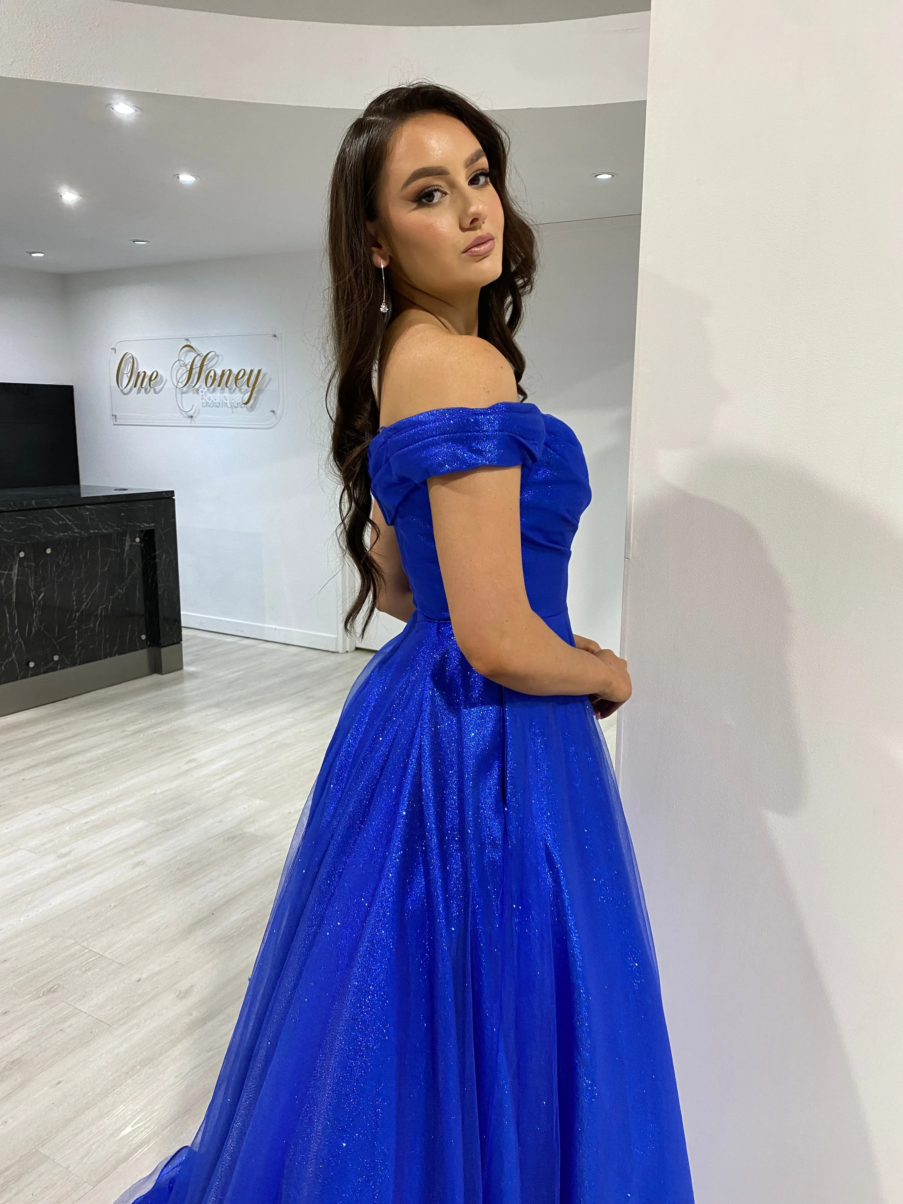 Honey Couture ARIANA Royal Blue Shimmer Ballgown Formal Dress