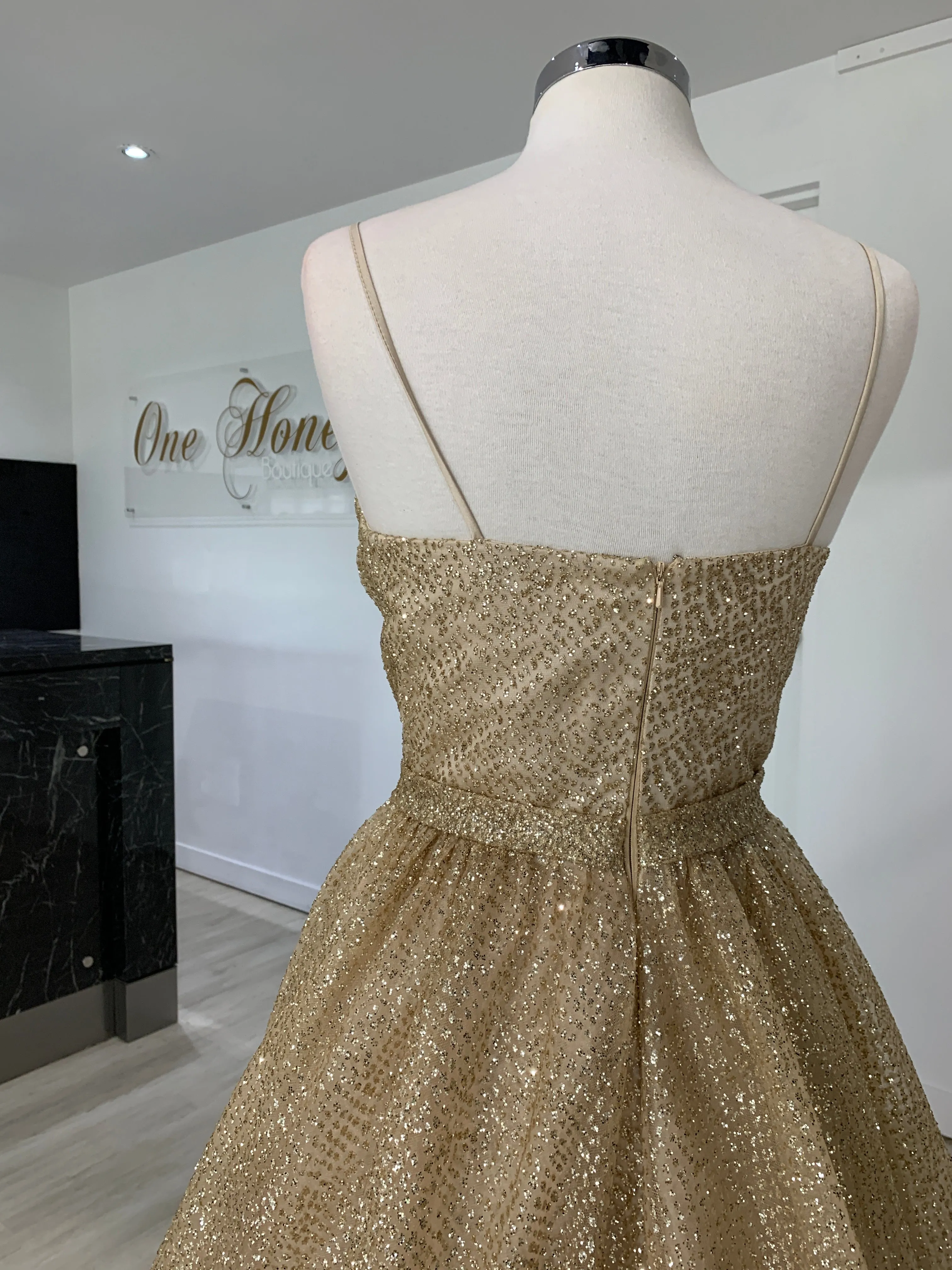 Honey Couture AVA Gold Glitter Sparkle Ball Gown Formal Dress