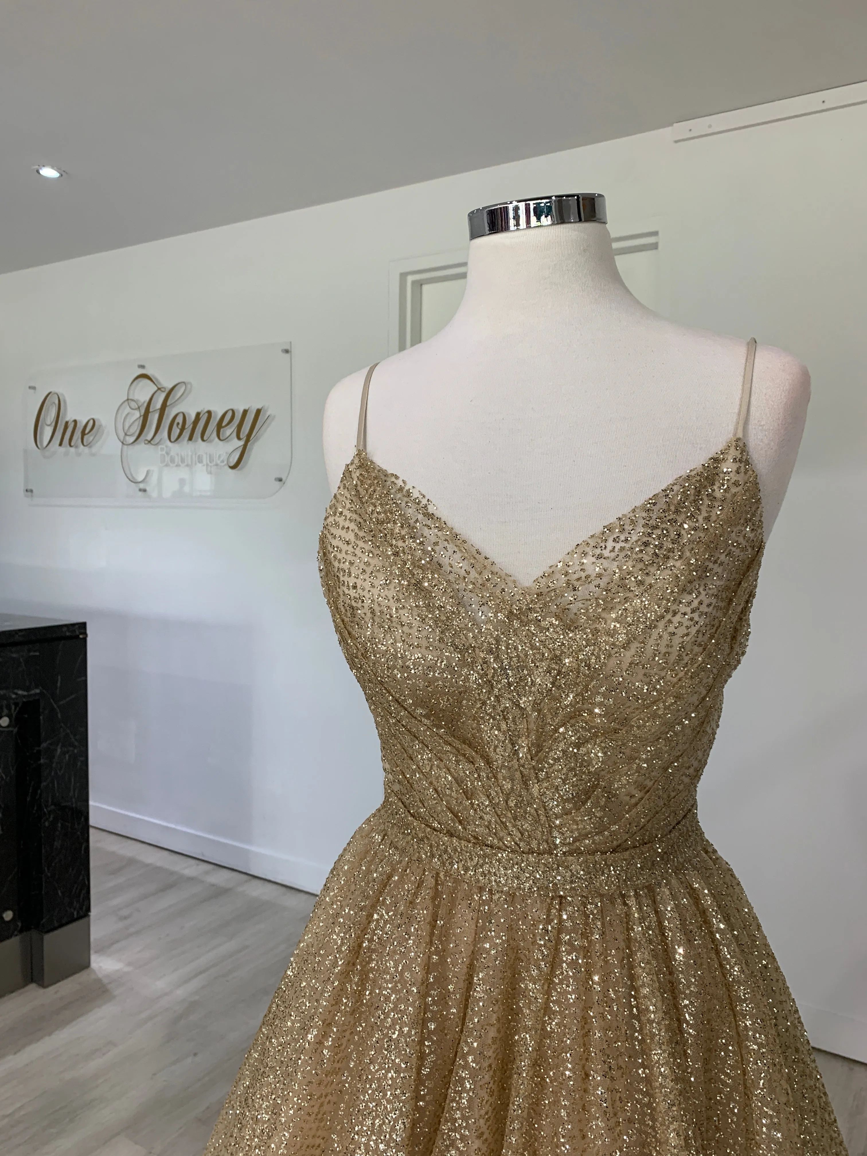 Honey Couture AVA Gold Glitter Sparkle Ball Gown Formal Dress