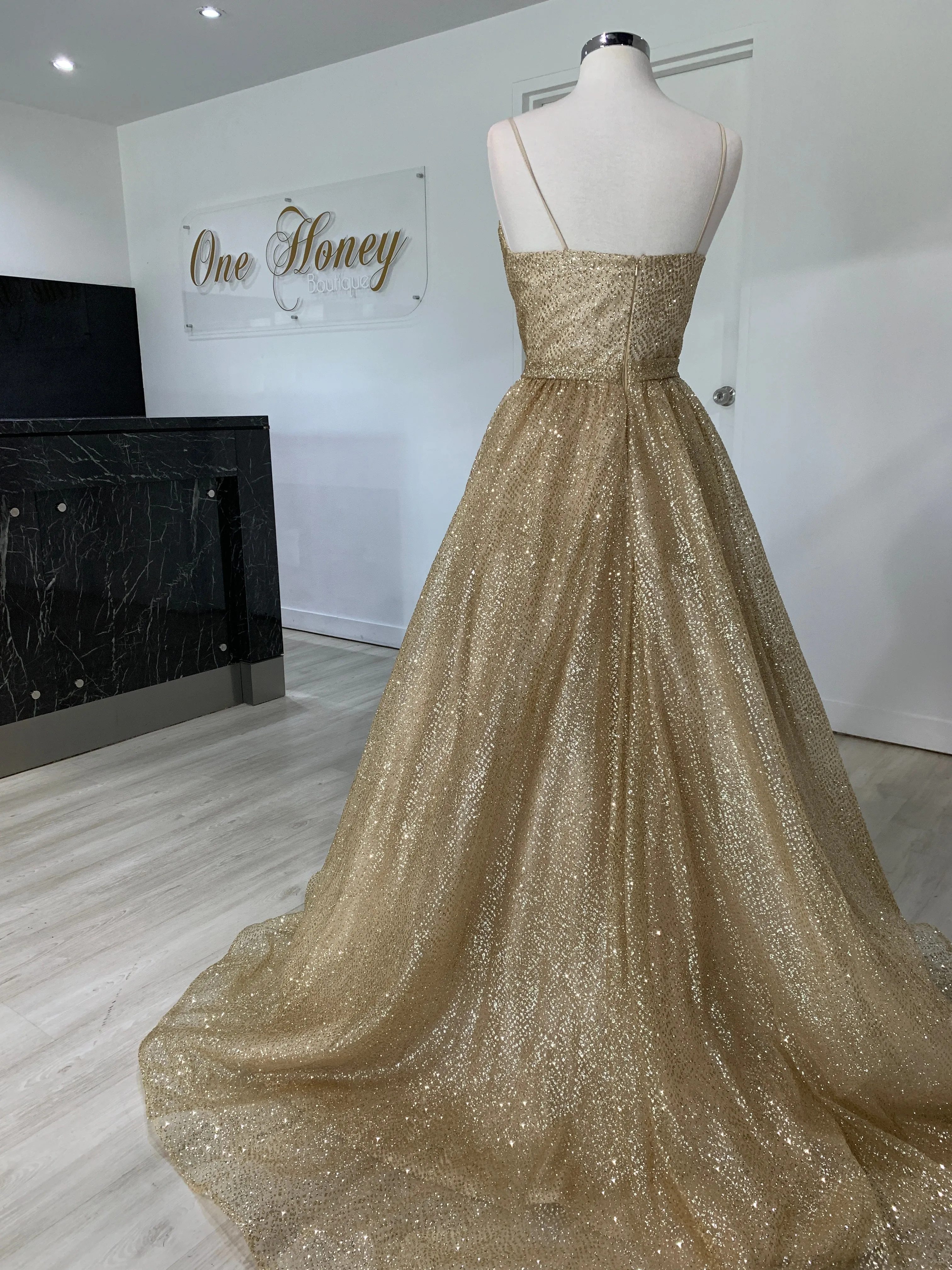 Honey Couture AVA Gold Glitter Sparkle Ball Gown Formal Dress