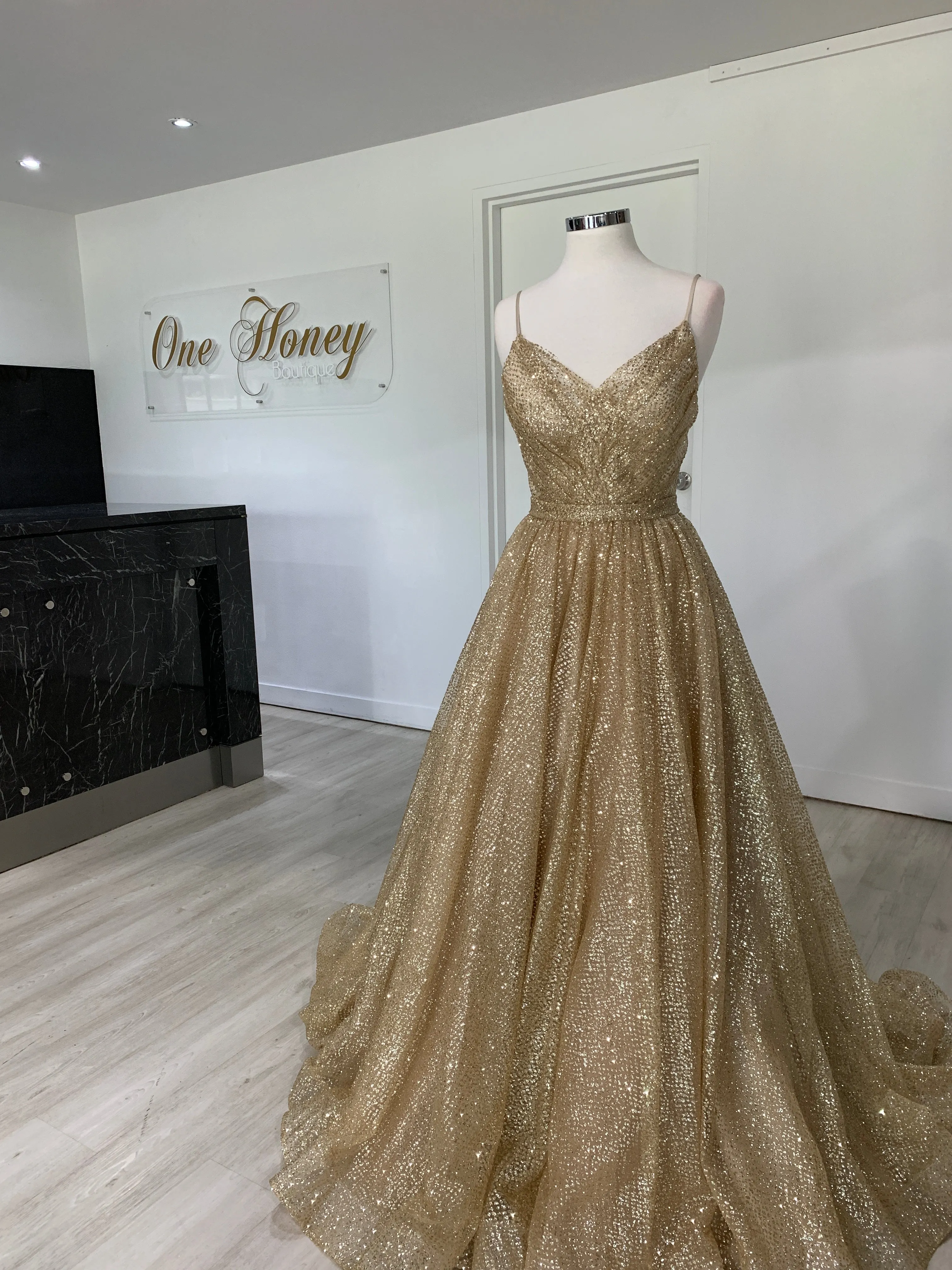 Honey Couture AVA Gold Glitter Sparkle Ball Gown Formal Dress