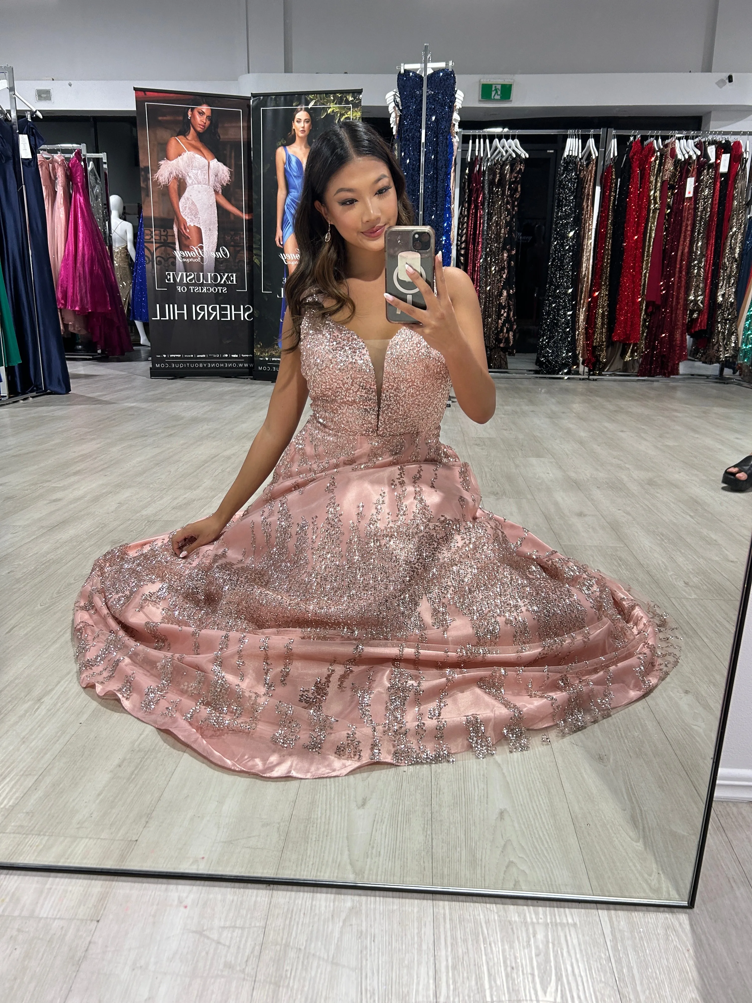 Honey Couture CHARMAINE Rose Gold Glitter Ball Gown Formal Dress