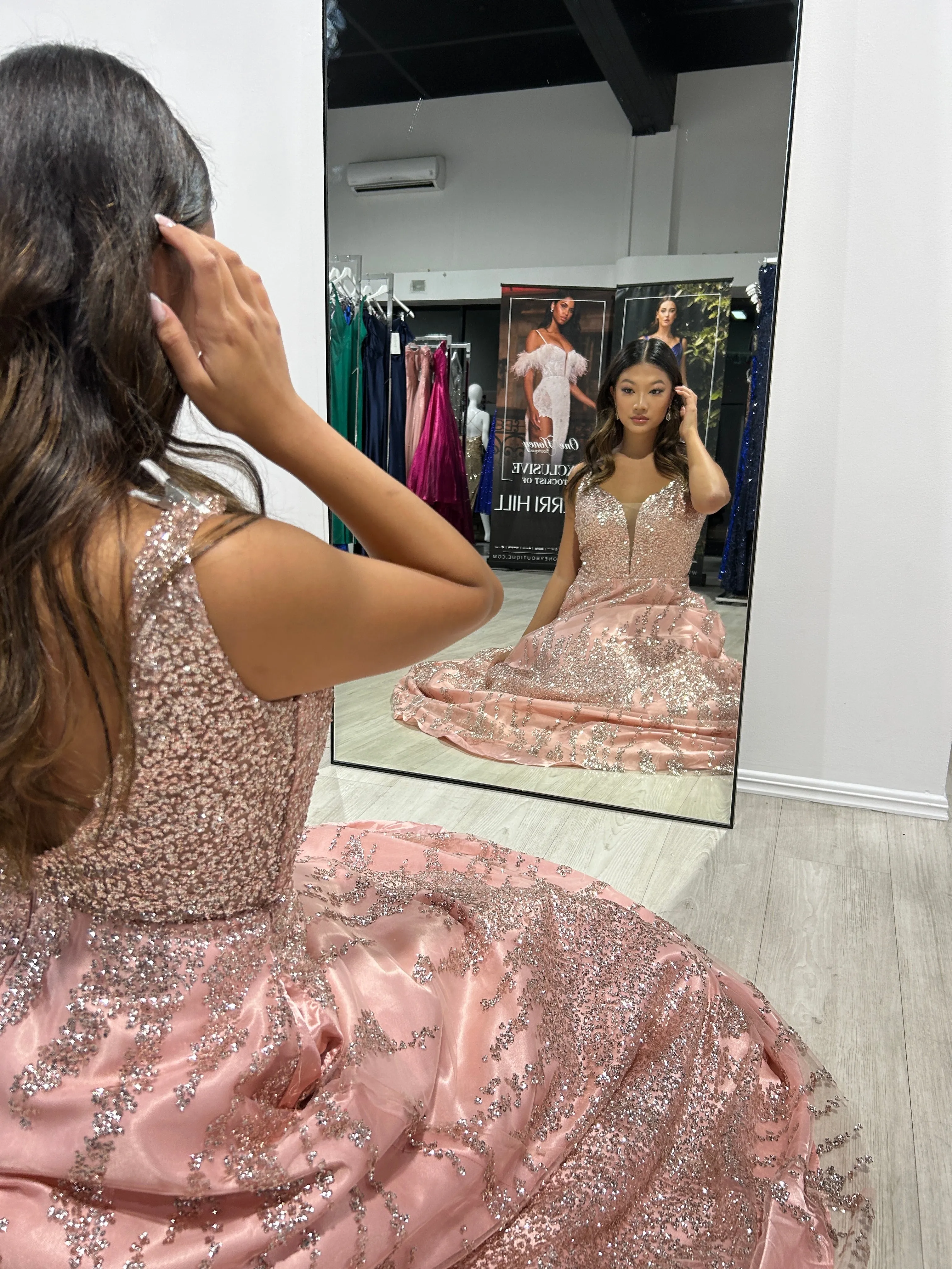 Honey Couture CHARMAINE Rose Gold Glitter Ball Gown Formal Dress