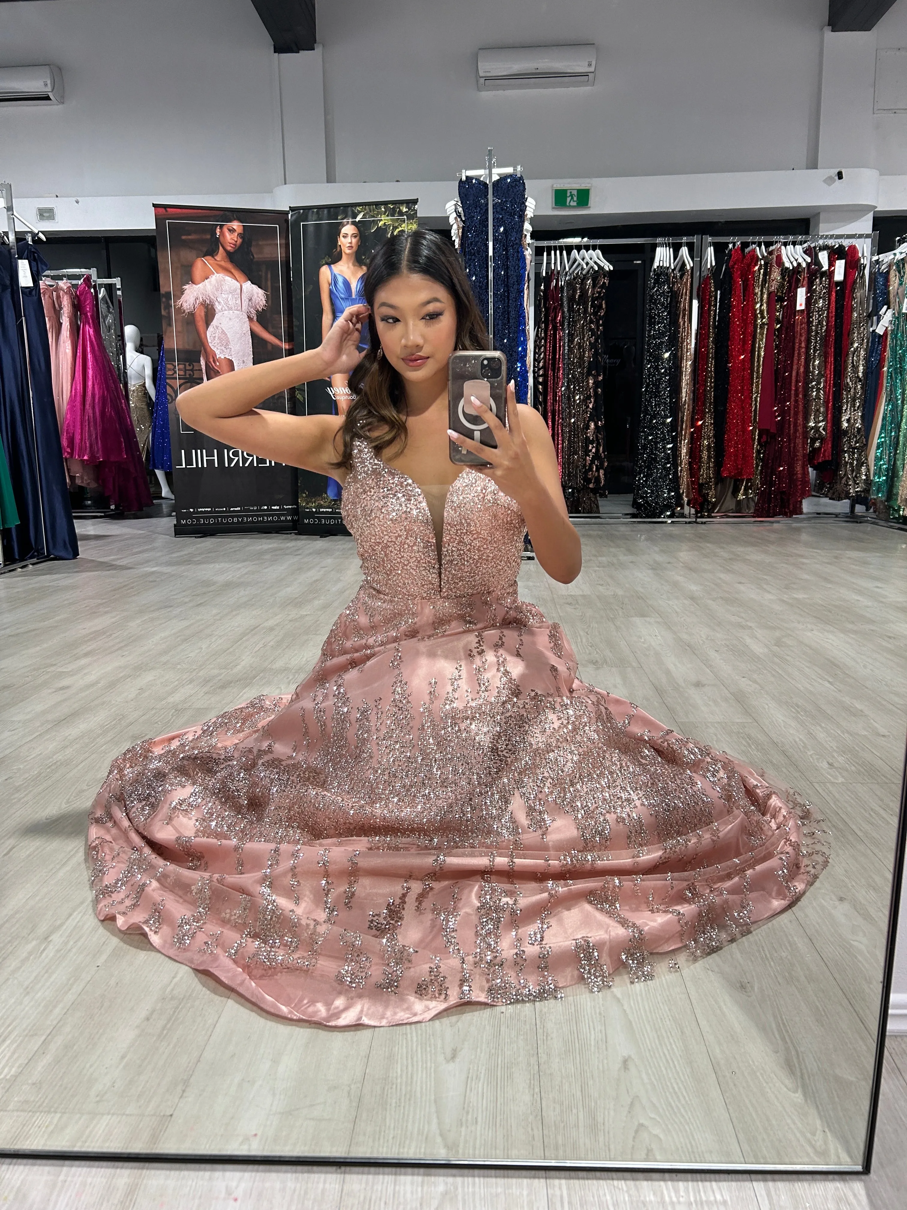 Honey Couture CHARMAINE Rose Gold Glitter Ball Gown Formal Dress