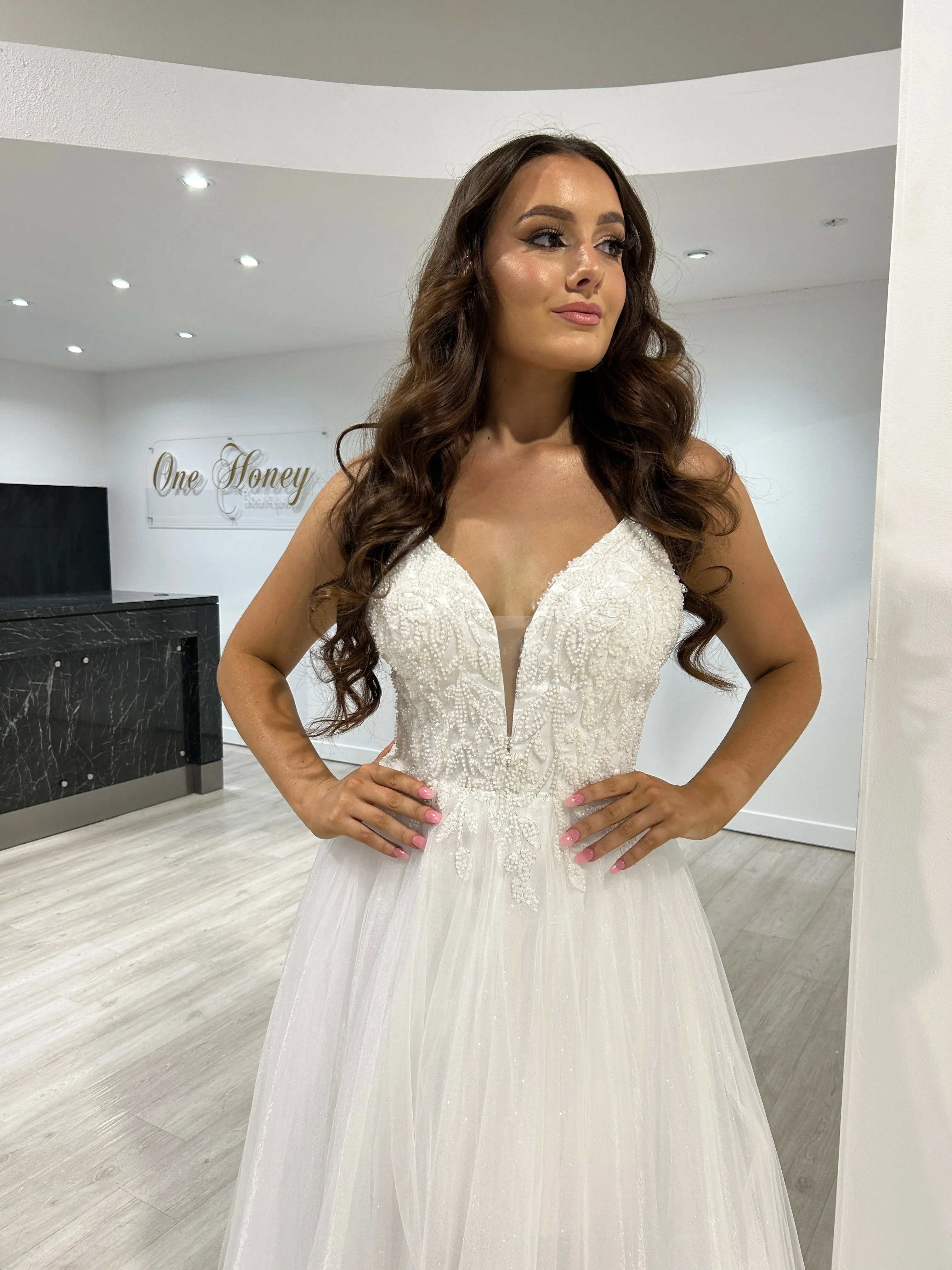 Honey Couture REGAN Off White Beaded Tulle Skirt Formal Dress