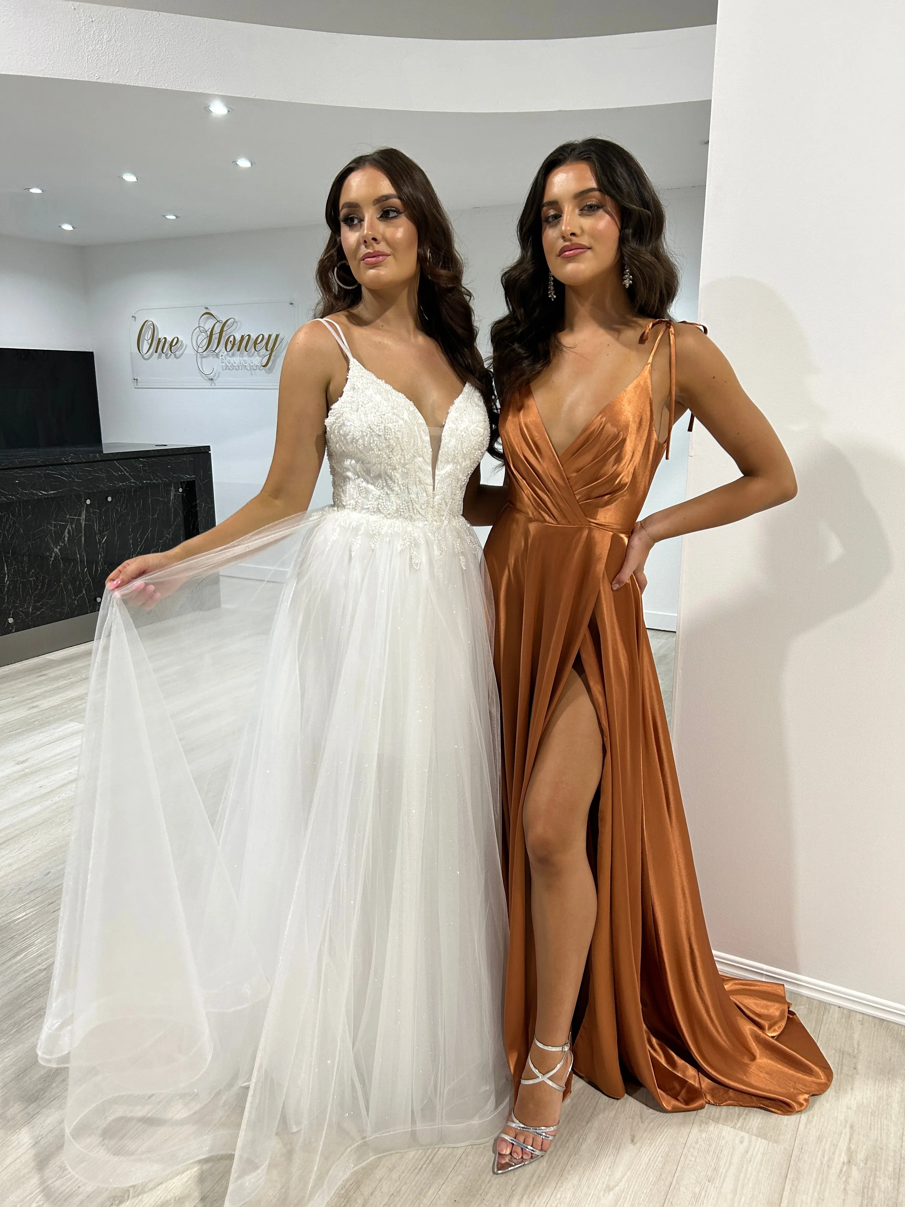 Honey Couture REGAN Off White Beaded Tulle Skirt Formal Dress
