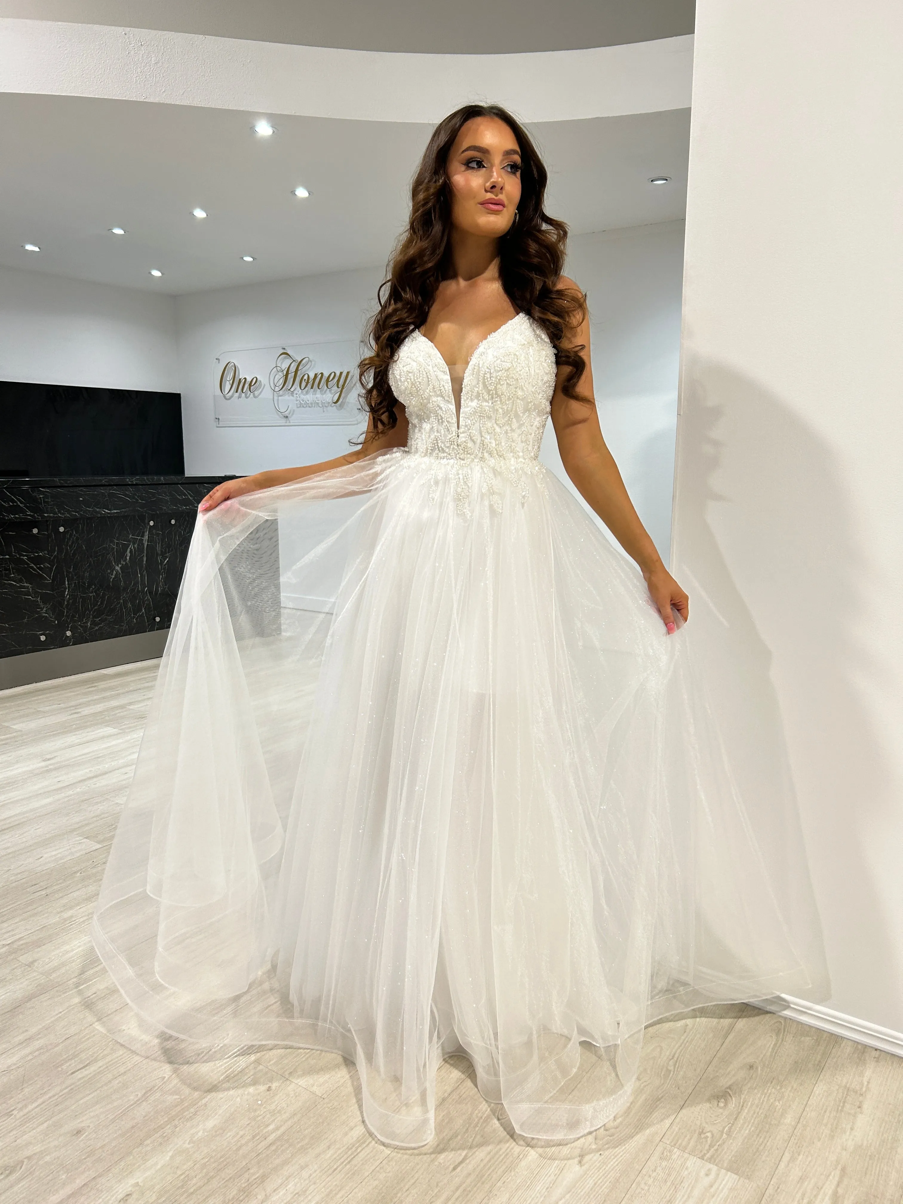 Honey Couture REGAN Off White Beaded Tulle Skirt Formal Dress