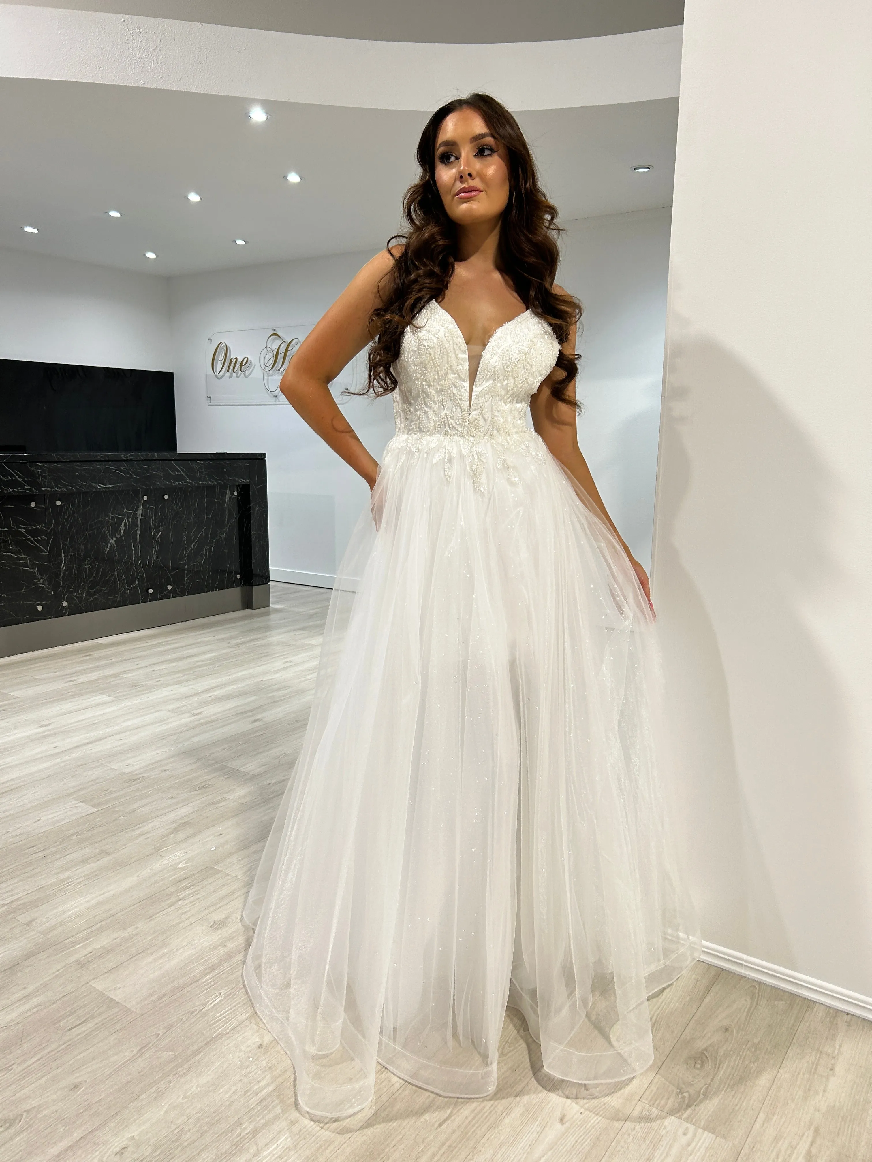 Honey Couture REGAN Off White Beaded Tulle Skirt Formal Dress