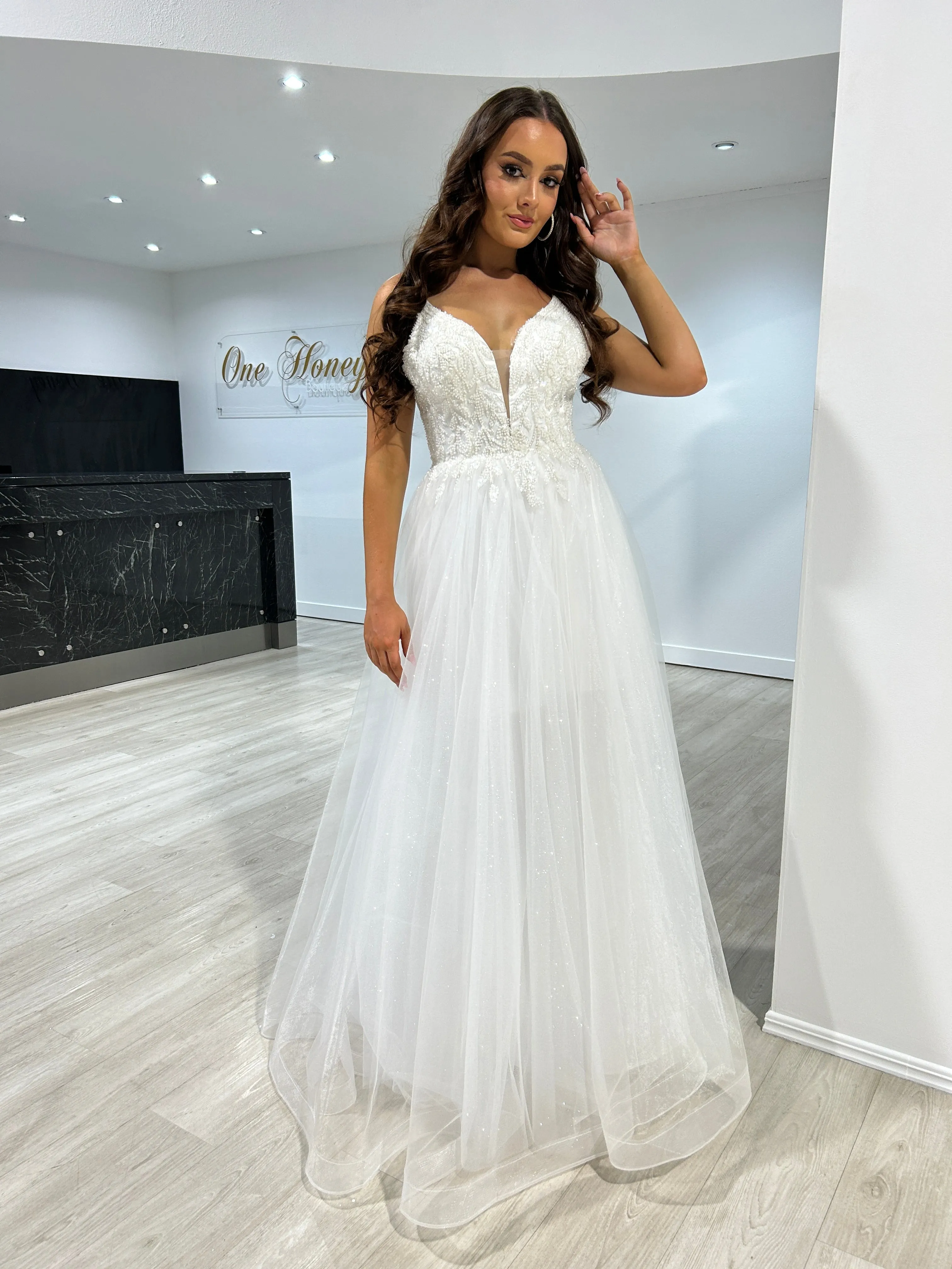 Honey Couture REGAN Off White Beaded Tulle Skirt Formal Dress