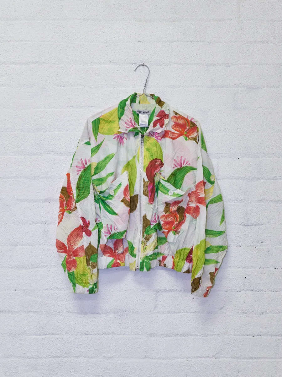 Issey Miyake 1990s white creased polyester floral print bomber jacket - mens M L