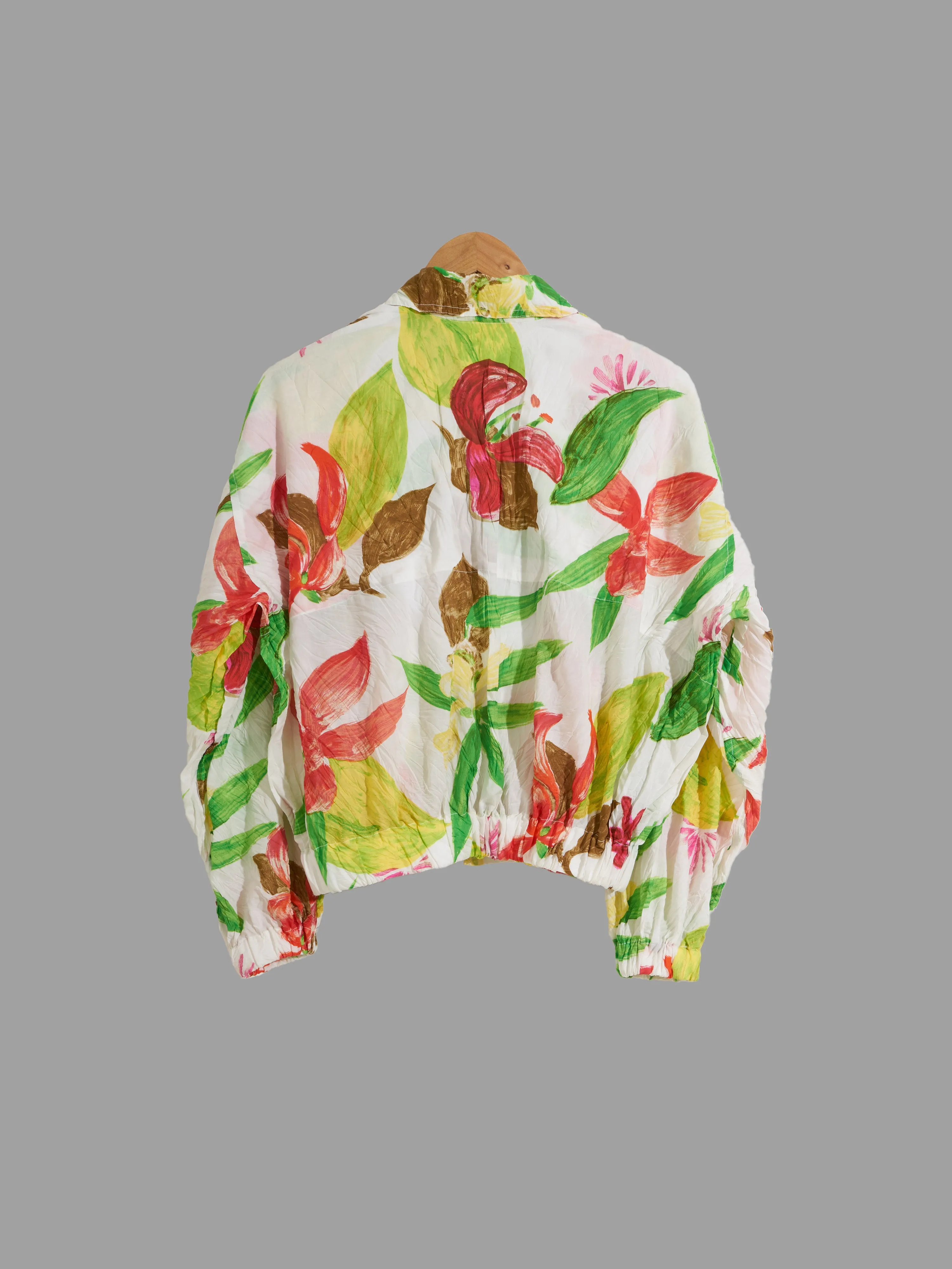 Issey Miyake 1990s white creased polyester floral print bomber jacket - mens M L