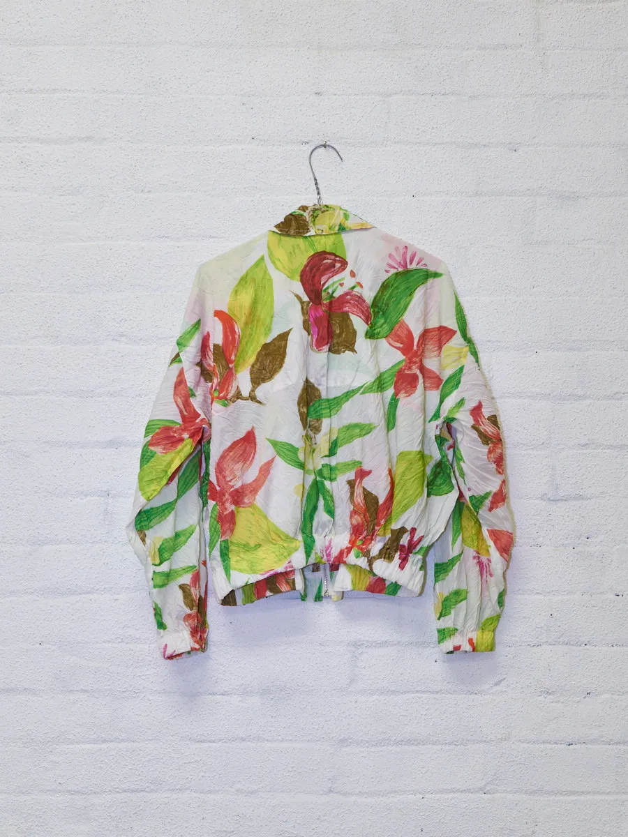 Issey Miyake 1990s white creased polyester floral print bomber jacket - mens M L