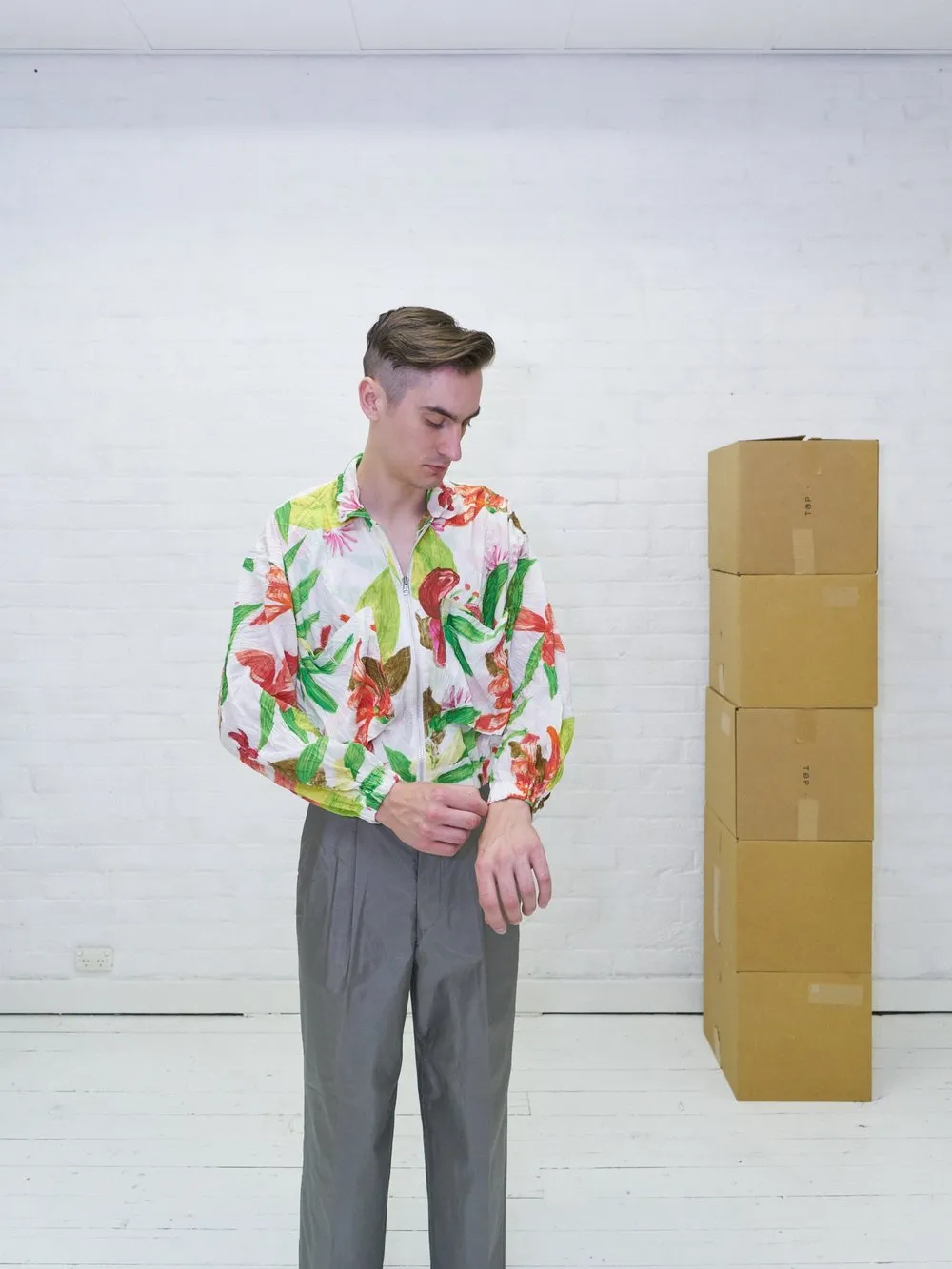 Issey Miyake 1990s white creased polyester floral print bomber jacket - mens M L