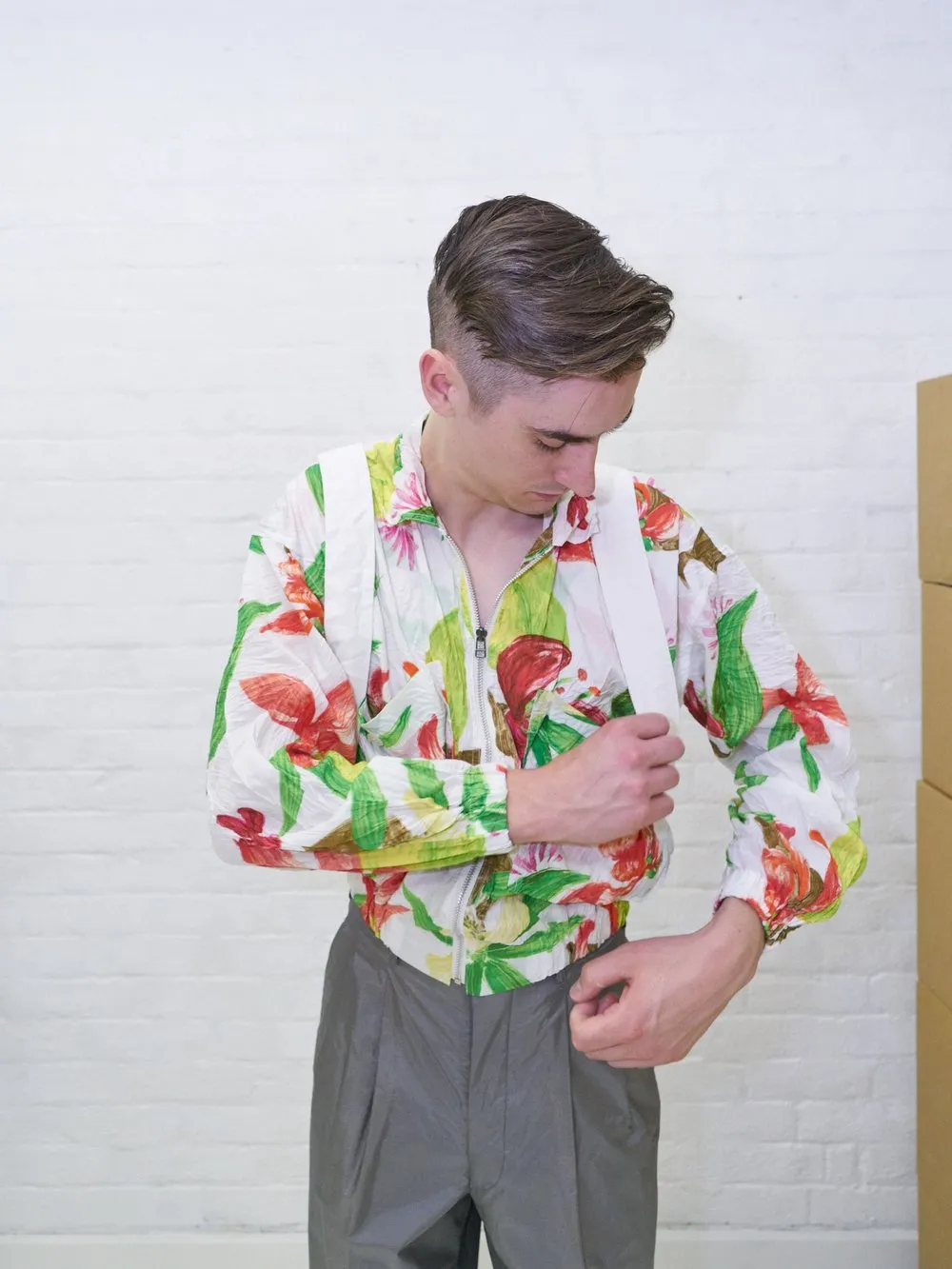 Issey Miyake 1990s white creased polyester floral print bomber jacket - mens M L