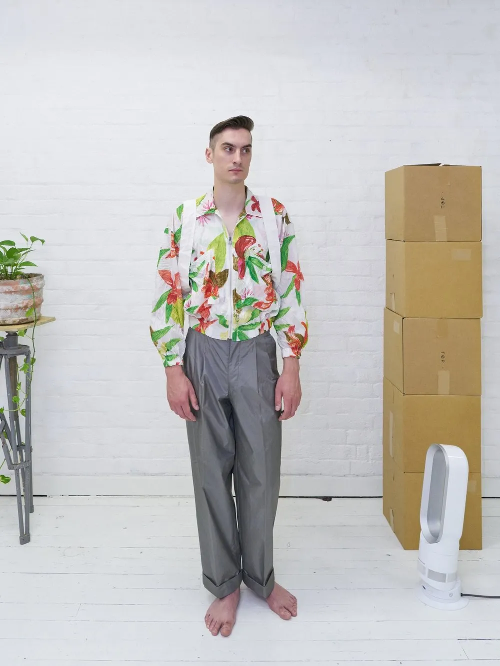 Issey Miyake 1990s white creased polyester floral print bomber jacket - mens M L