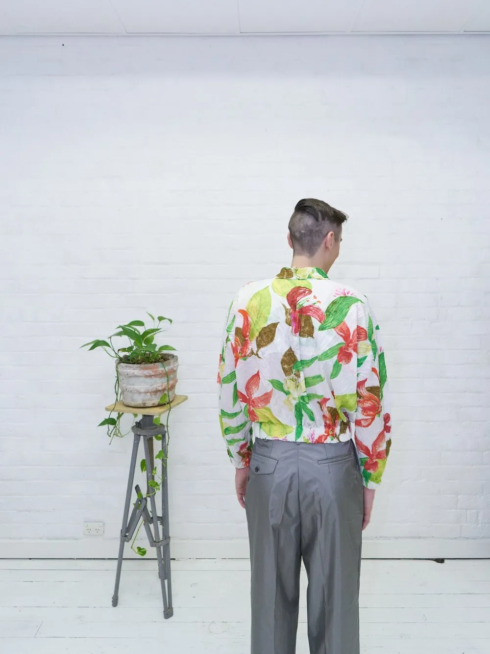 Issey Miyake 1990s white creased polyester floral print bomber jacket - mens M L