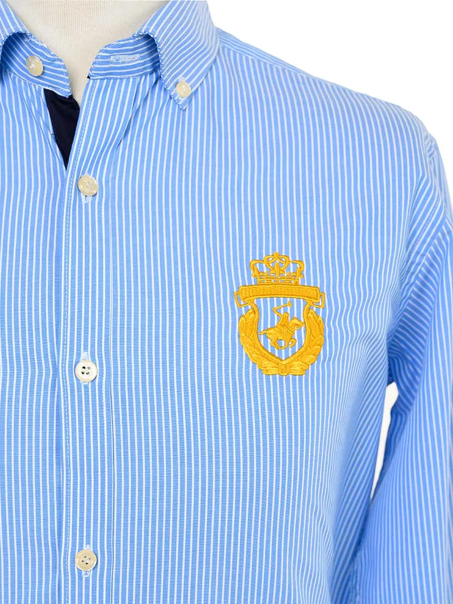 Kings Club Couture Shirt Button Down Regular Fit Blue & White Bengal Stripe Woven Cotton Blend with embroidered logo KCSHC005