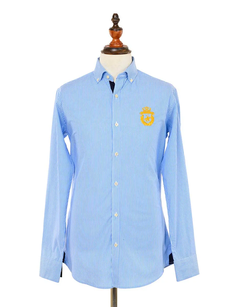 Kings Club Couture Shirt Button Down Regular Fit Blue & White Bengal Stripe Woven Cotton Blend with embroidered logo KCSHC005
