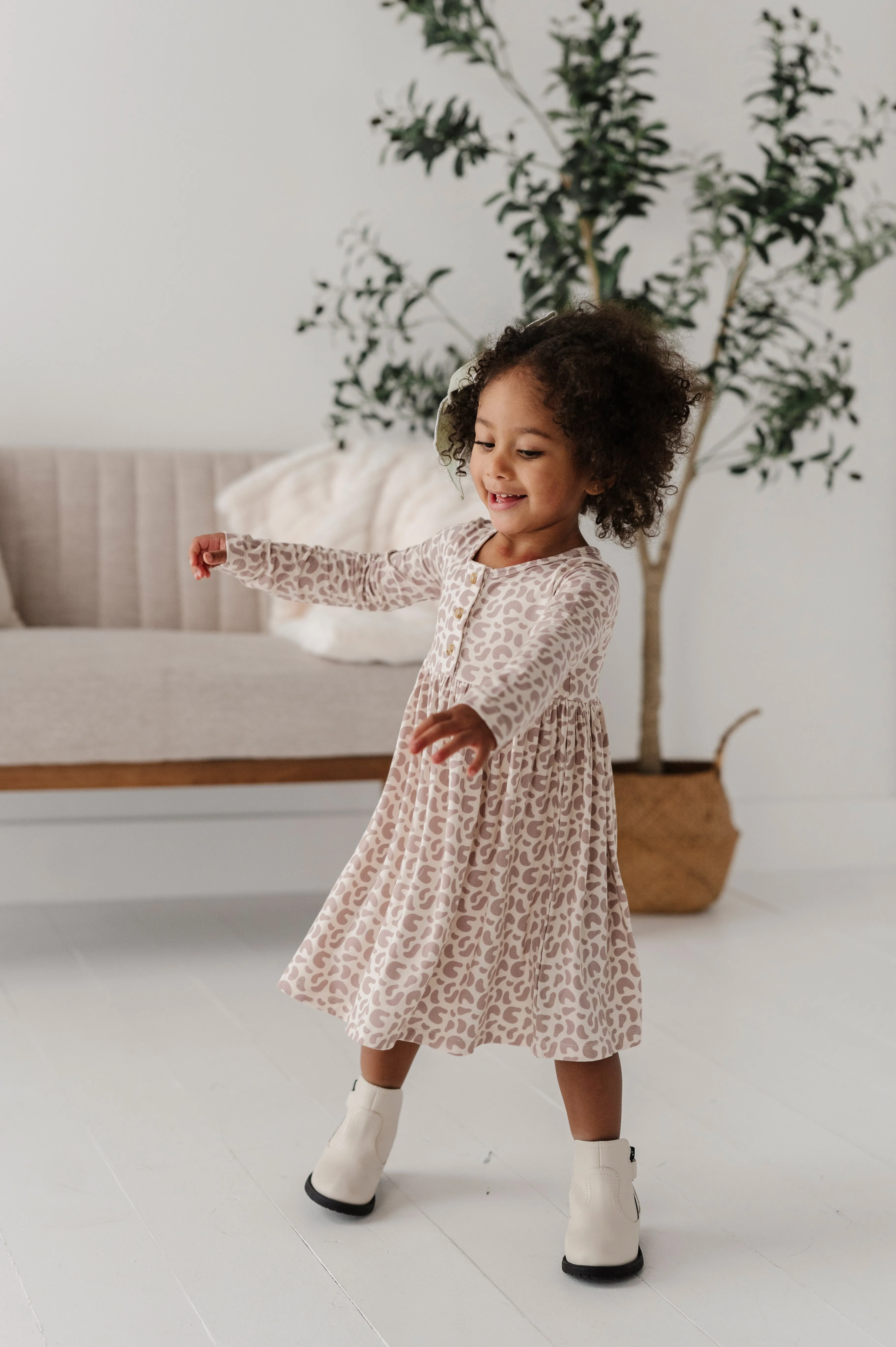 Long Sleeve Henley Dress - Lilac Leopard