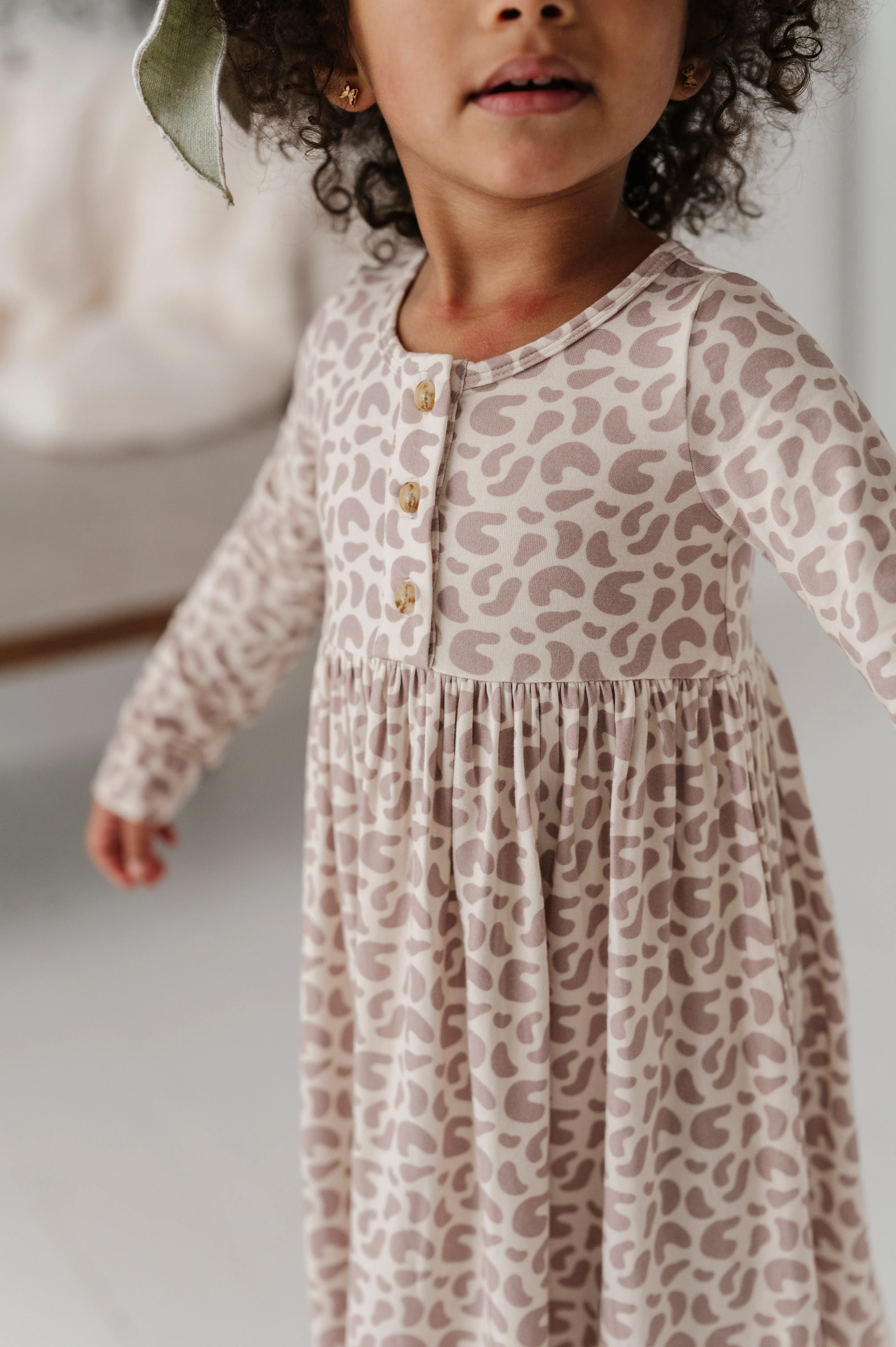 Long Sleeve Henley Dress - Lilac Leopard