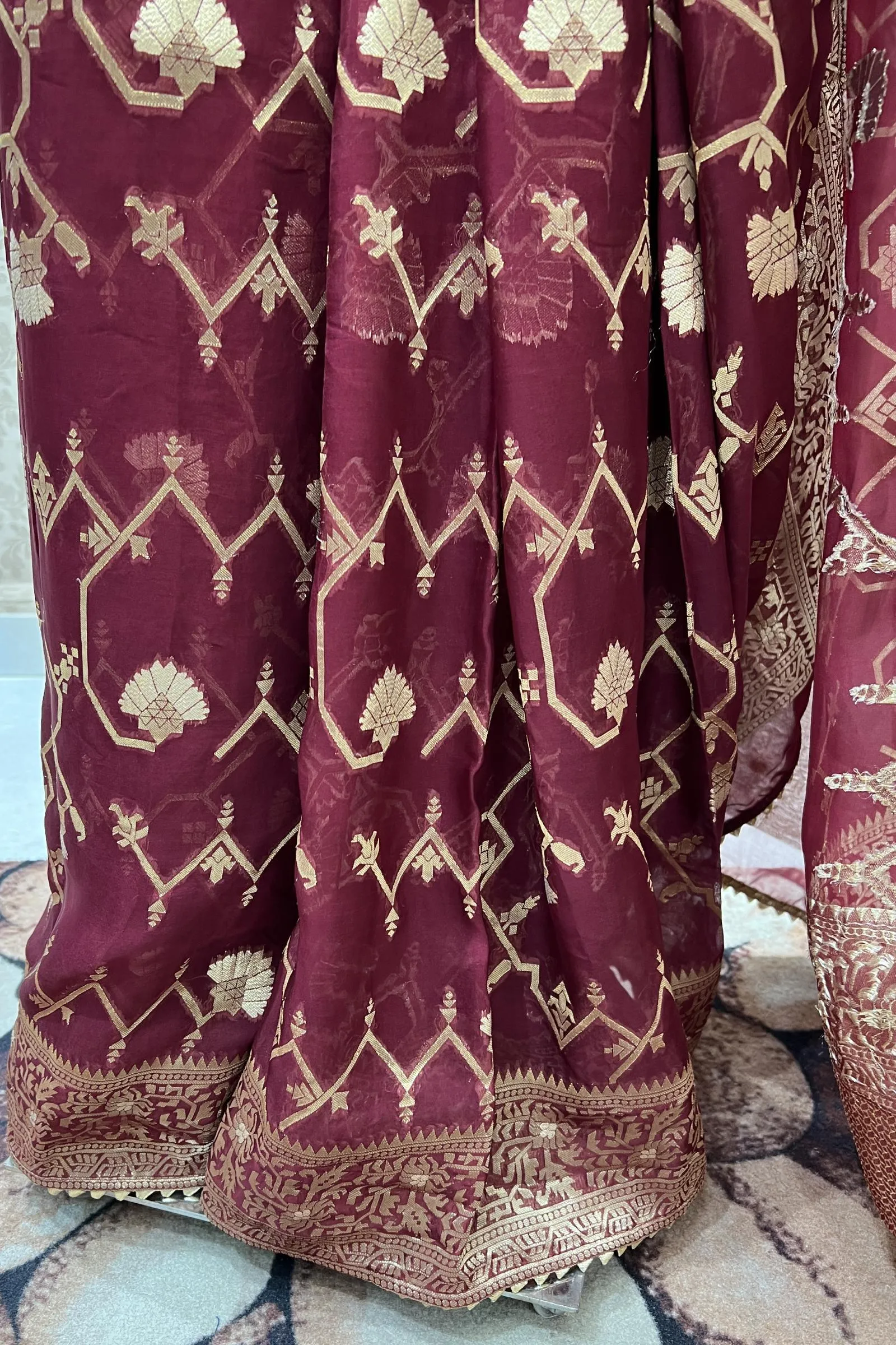 Maroon Banarasi Georgette Saree with Contrast Stitched Blouse