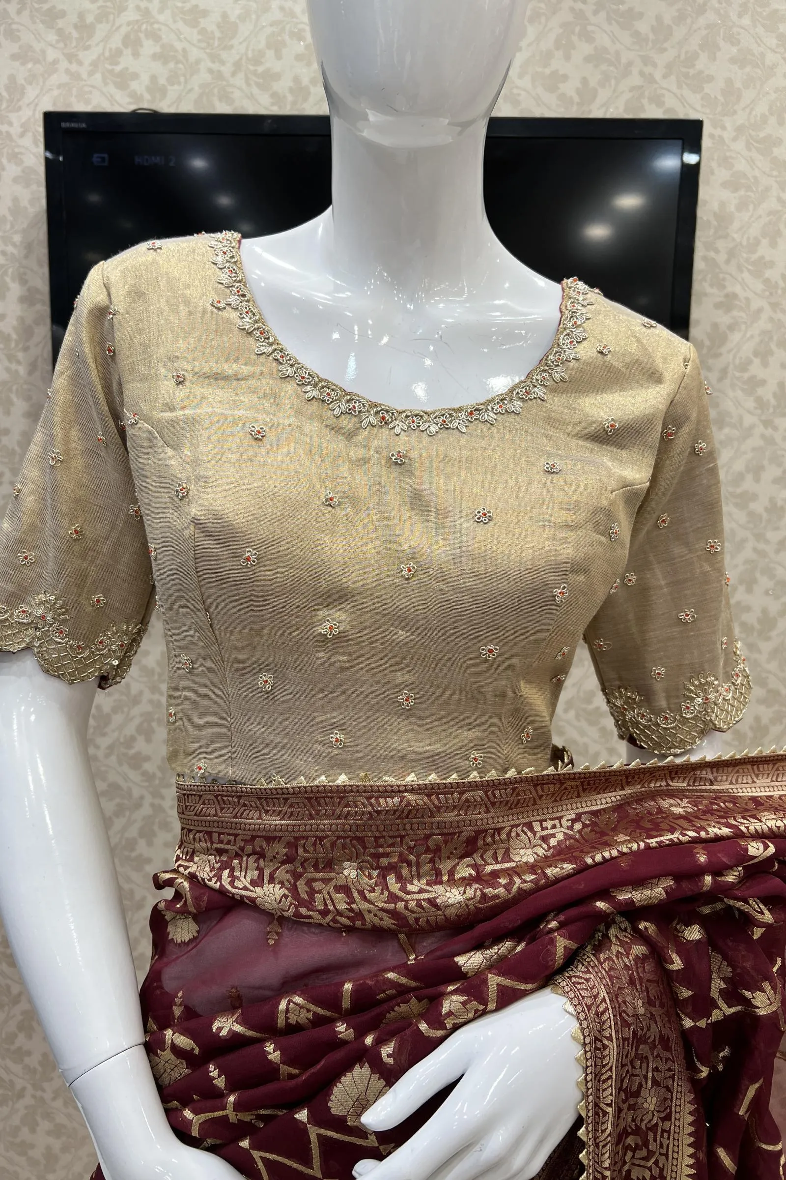 Maroon Banarasi Georgette Saree with Contrast Stitched Blouse