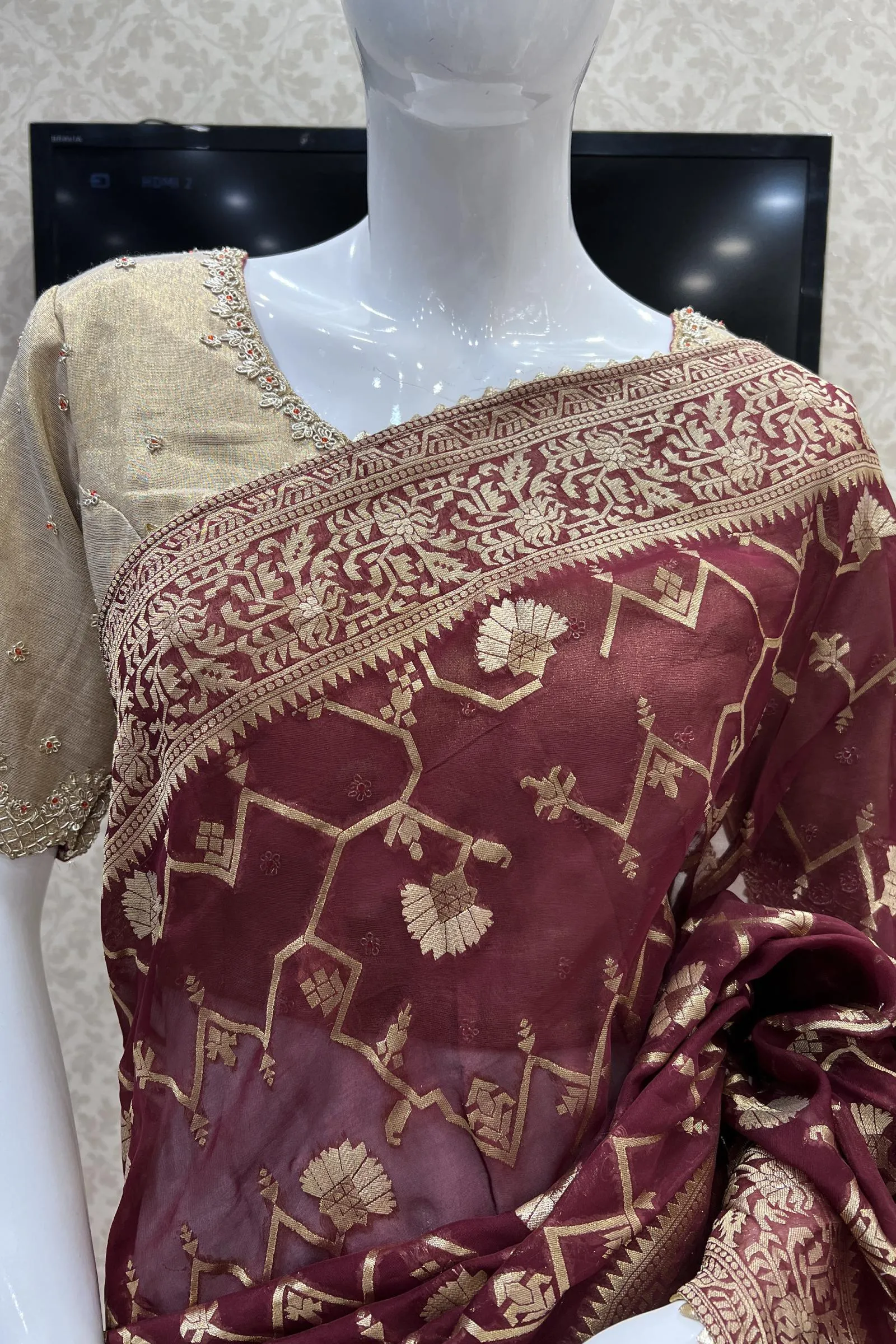 Maroon Banarasi Georgette Saree with Contrast Stitched Blouse