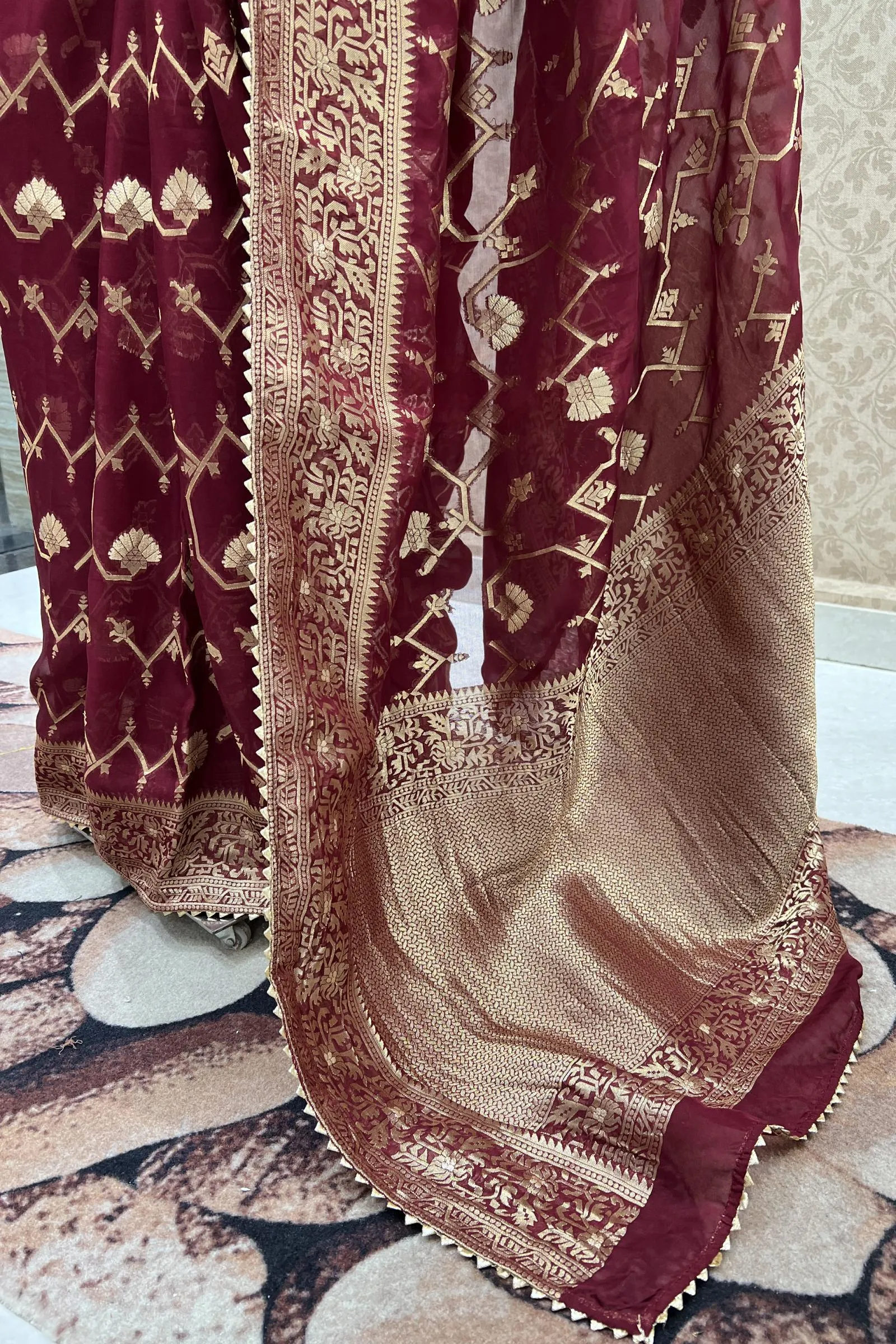 Maroon Banarasi Georgette Saree with Contrast Stitched Blouse