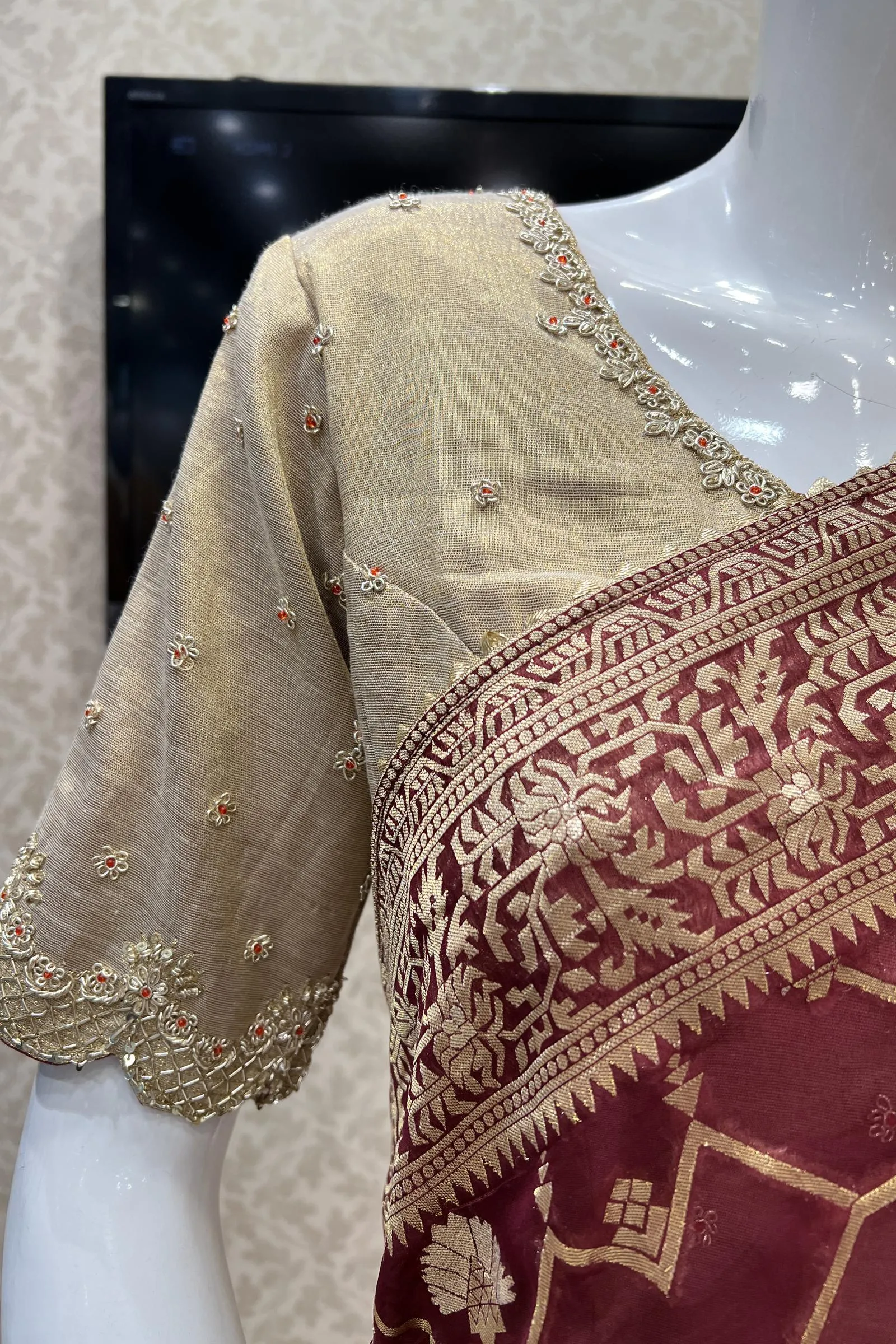 Maroon Banarasi Georgette Saree with Contrast Stitched Blouse