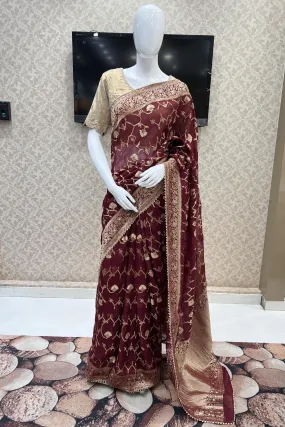 Maroon Banarasi Georgette Saree with Contrast Stitched Blouse