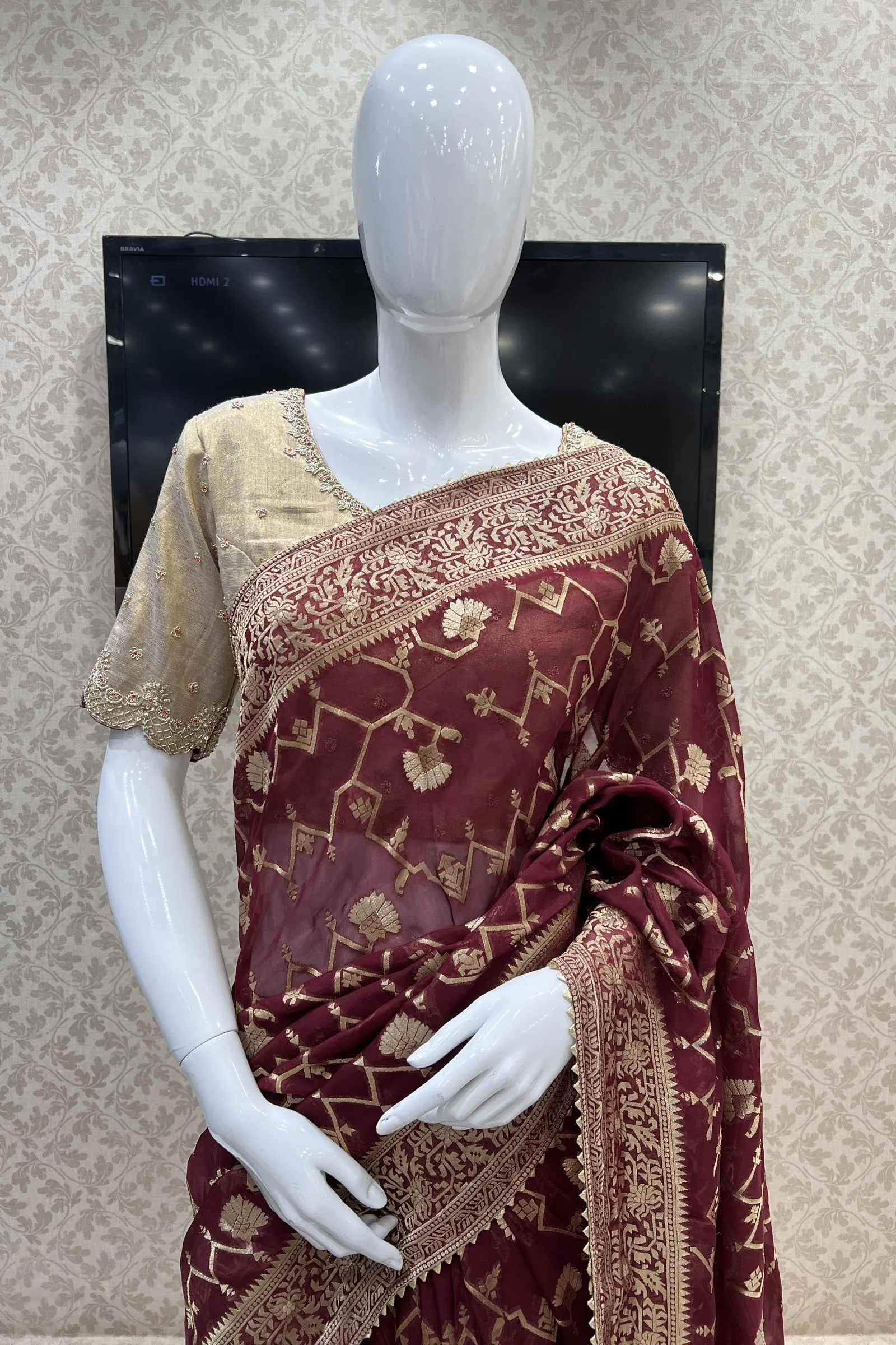 Maroon Banarasi Georgette Saree with Contrast Stitched Blouse