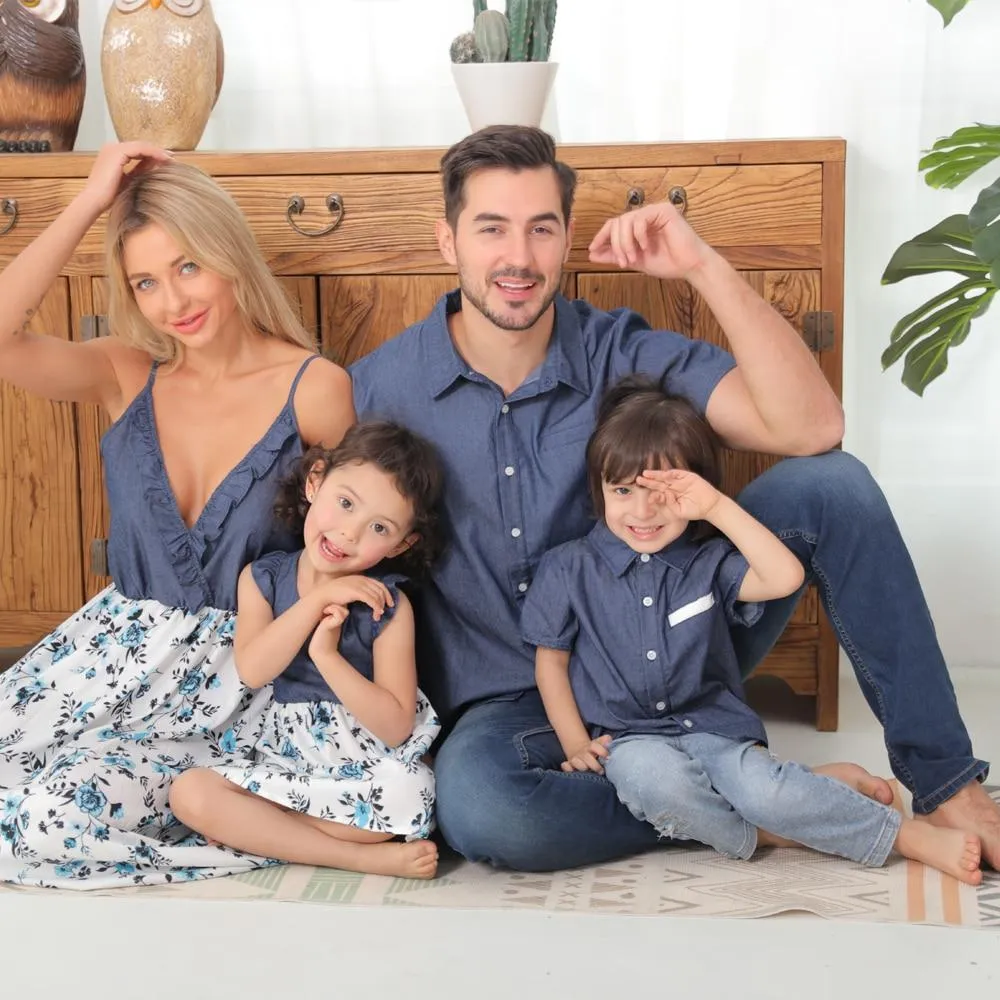 Matching Family Outfit - Floral Dark Denim Outfit for Mummy, Daddy and Baby