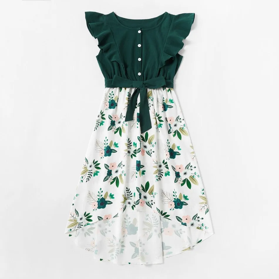 Matching Family Outfit - Mummy and Daughter Green Floral Dress with Ruffles