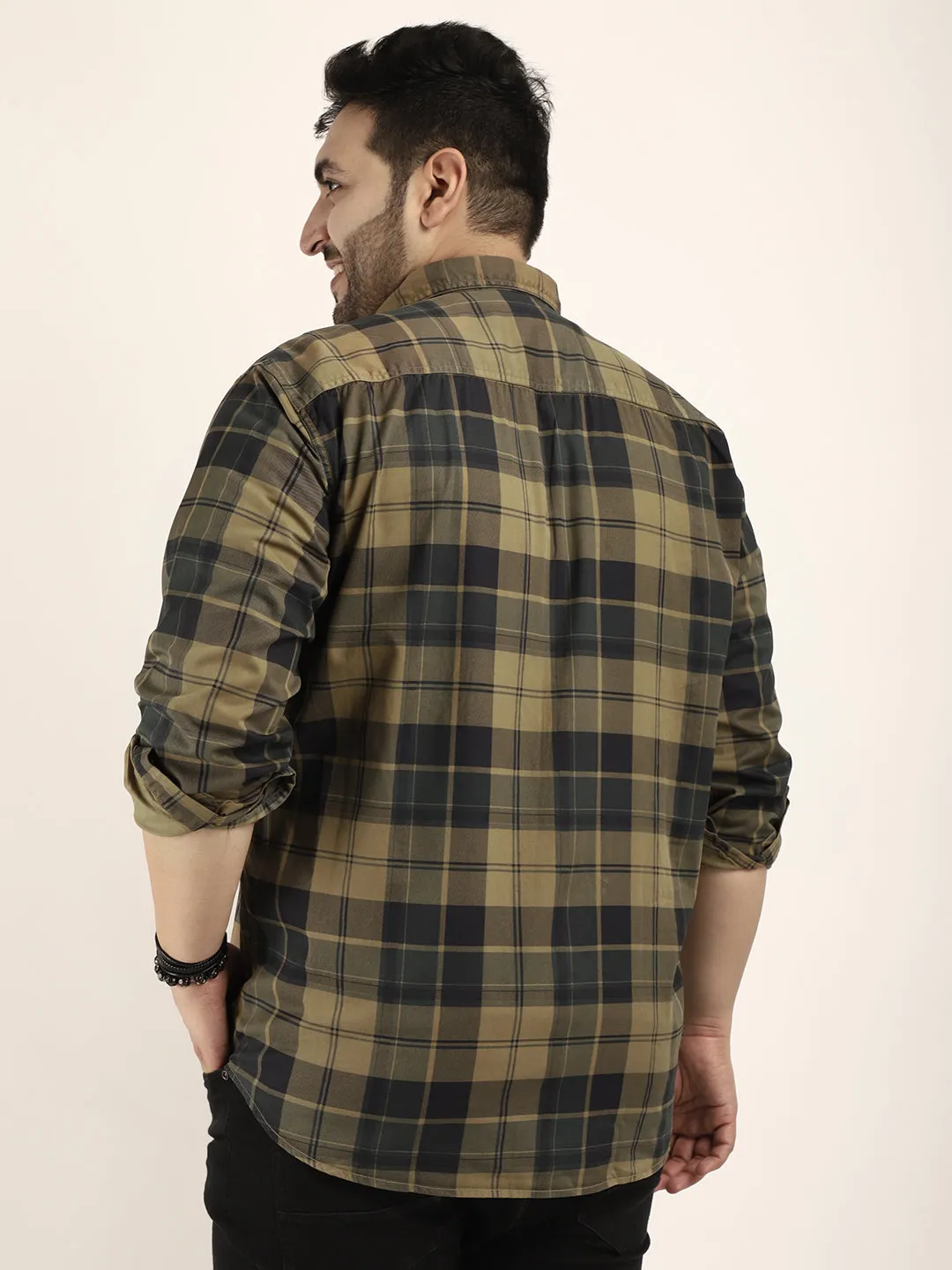 Mini Check Khaki Full Sleeve Plus Size Shirt