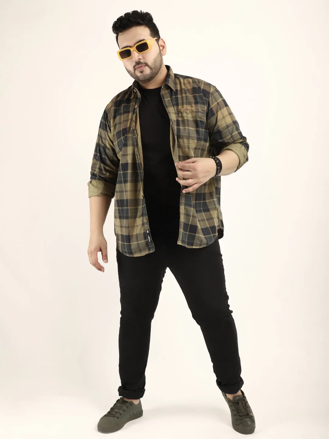 Mini Check Khaki Full Sleeve Plus Size Shirt