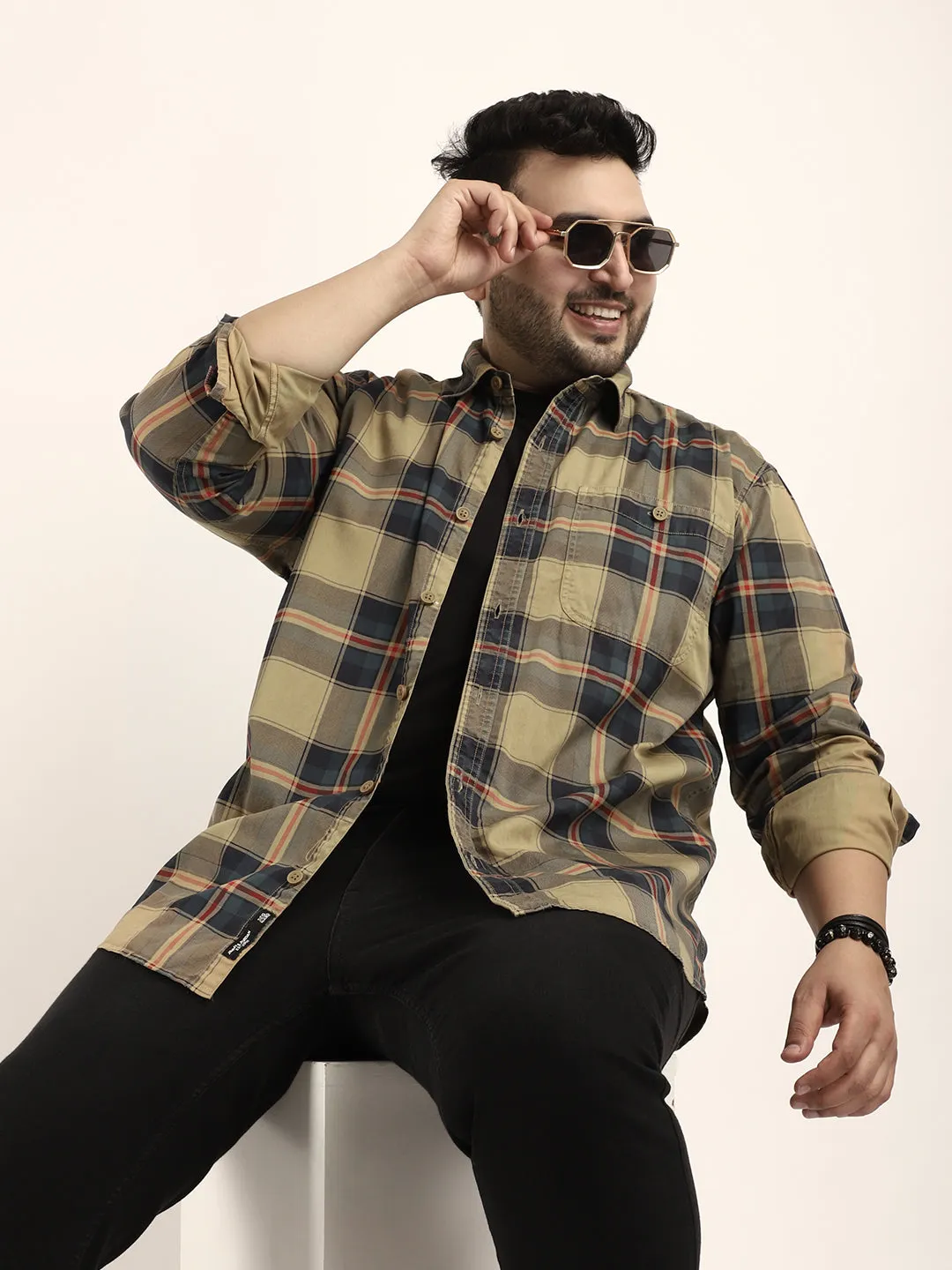 Mini Check Khaki Full Sleeve Plus Size Shirt