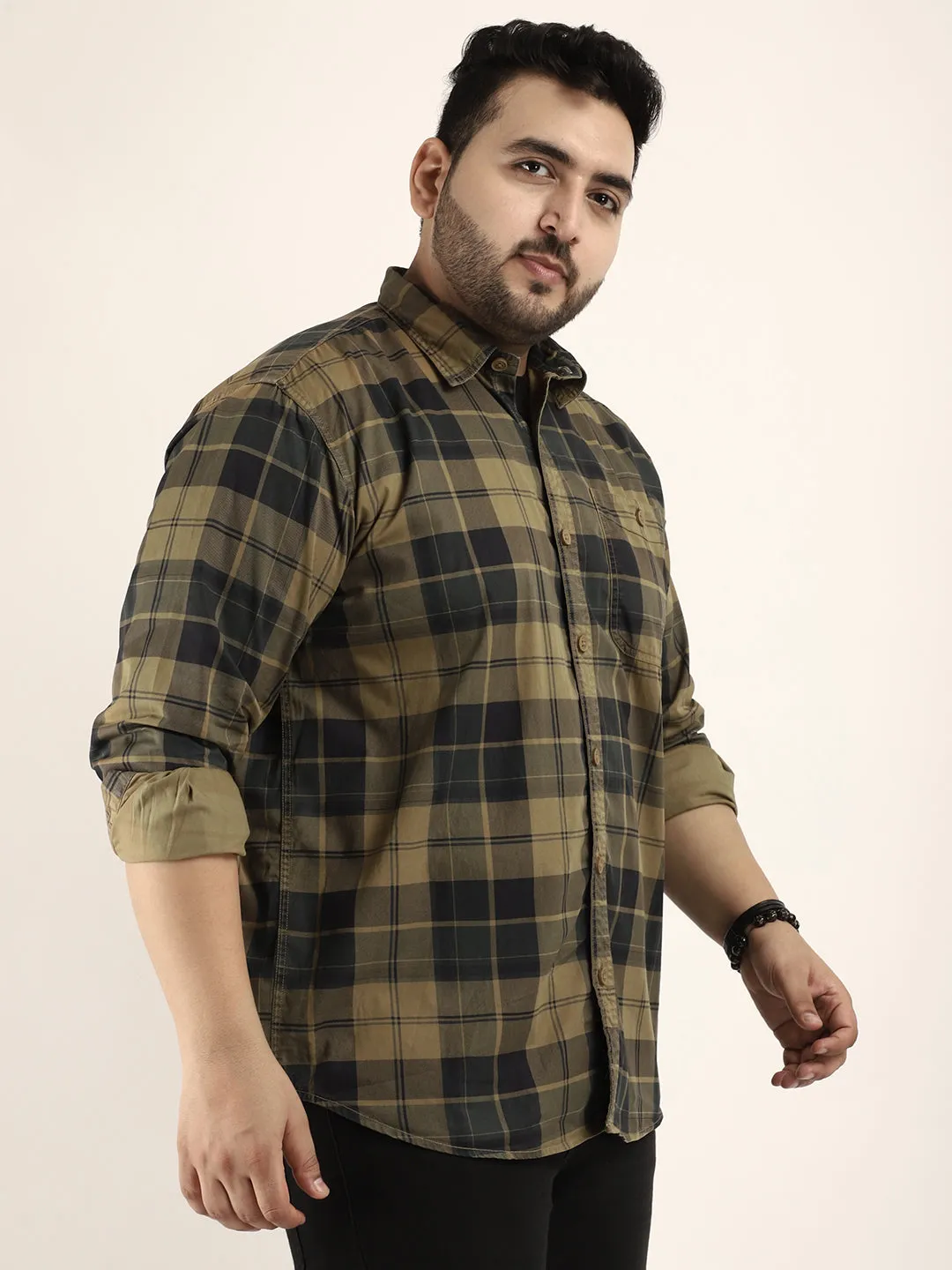 Mini Check Khaki Full Sleeve Plus Size Shirt