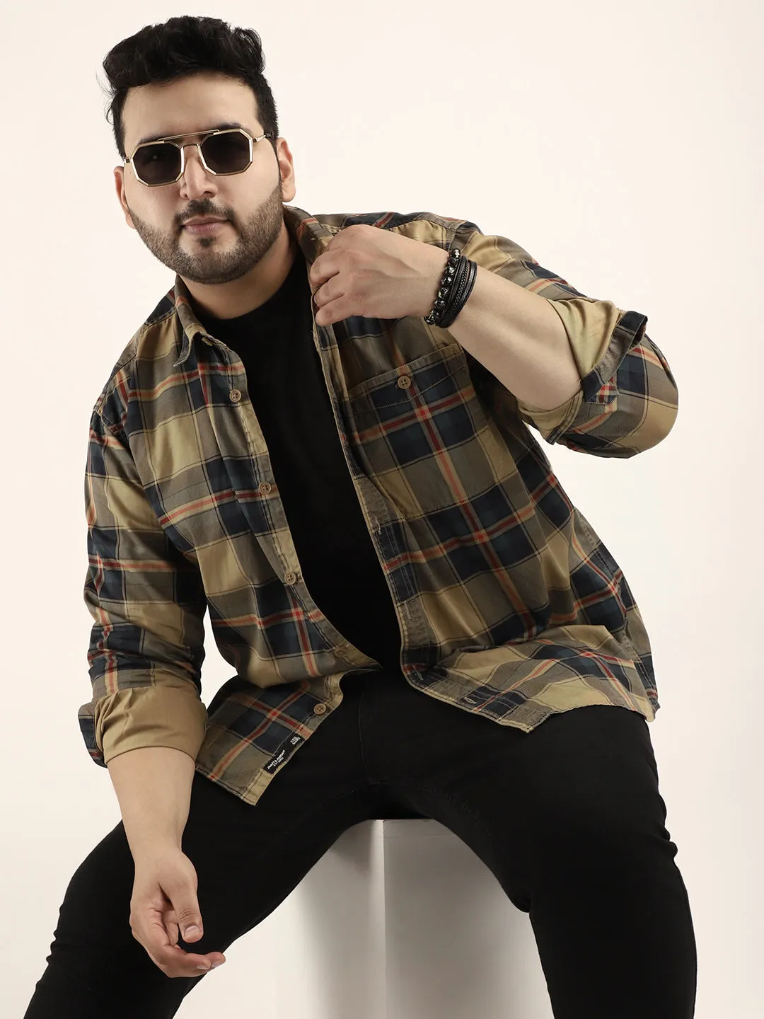 Mini Check Khaki Full Sleeve Plus Size Shirt