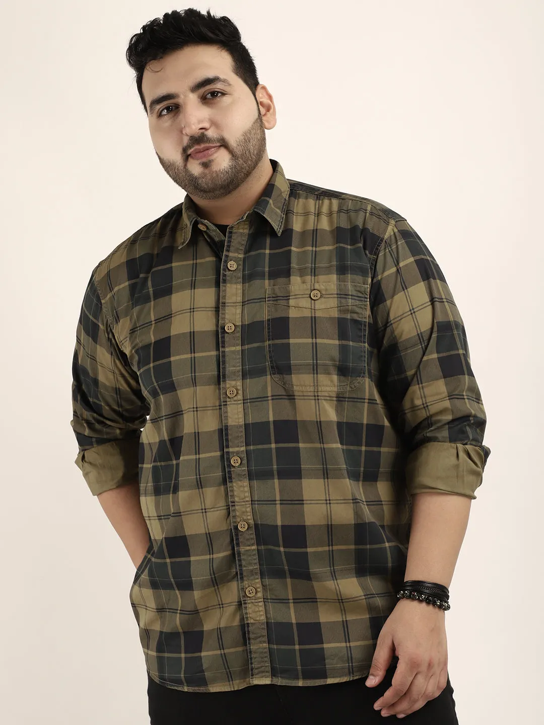 Mini Check Khaki Full Sleeve Plus Size Shirt